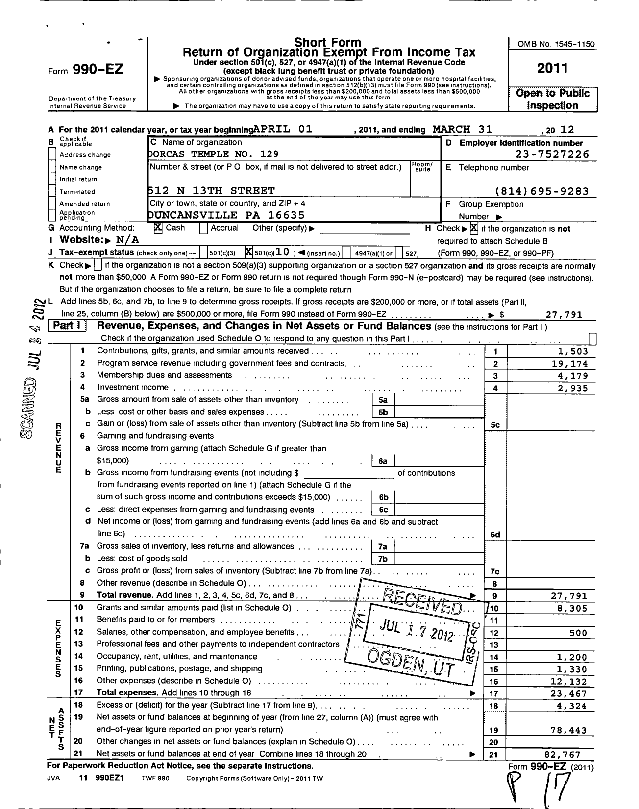 Image of first page of 2011 Form 990EO for Daughters of the Nile - 129 Dorcas Temple