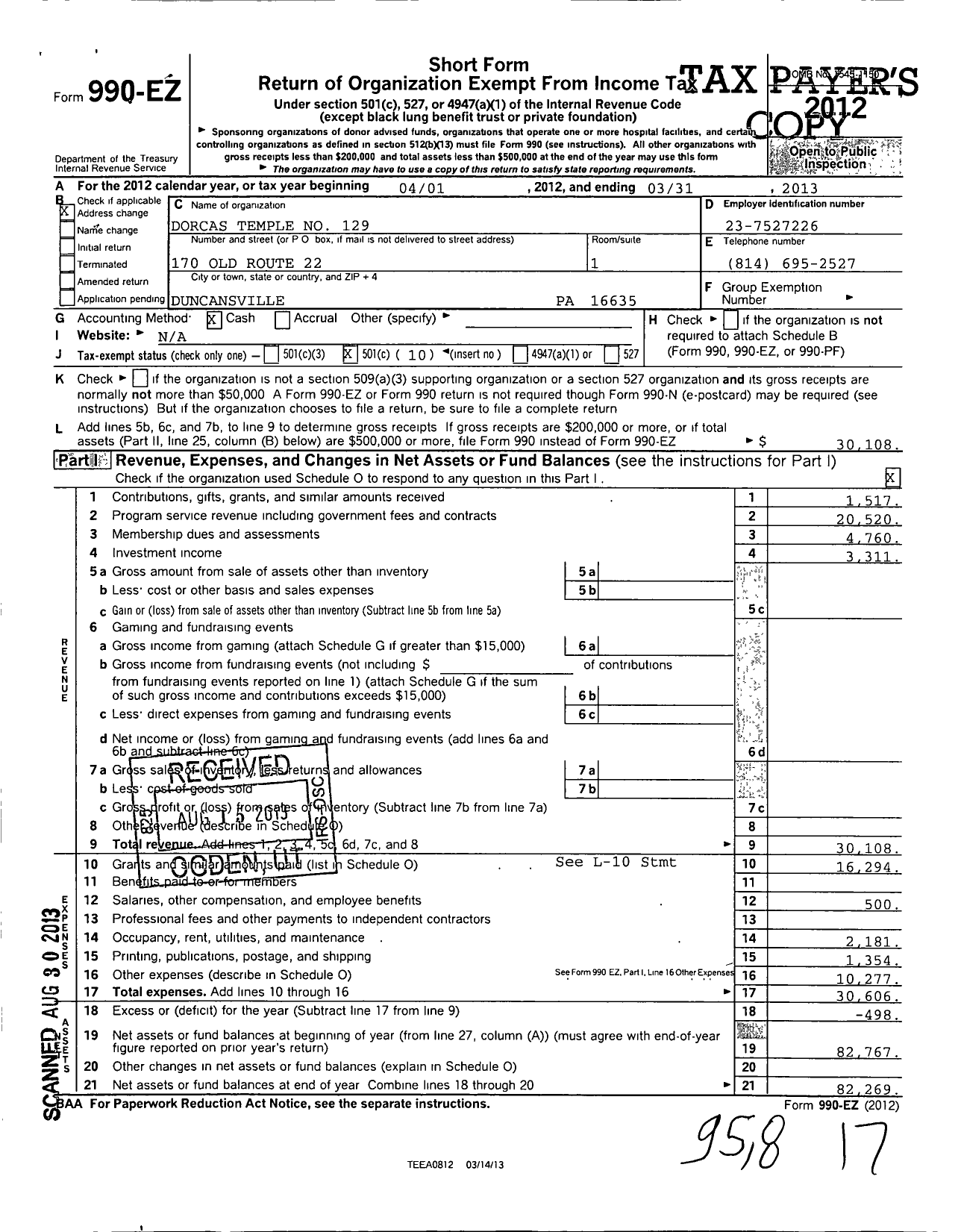 Image of first page of 2012 Form 990EO for Daughters of the Nile - 129 Dorcas Temple