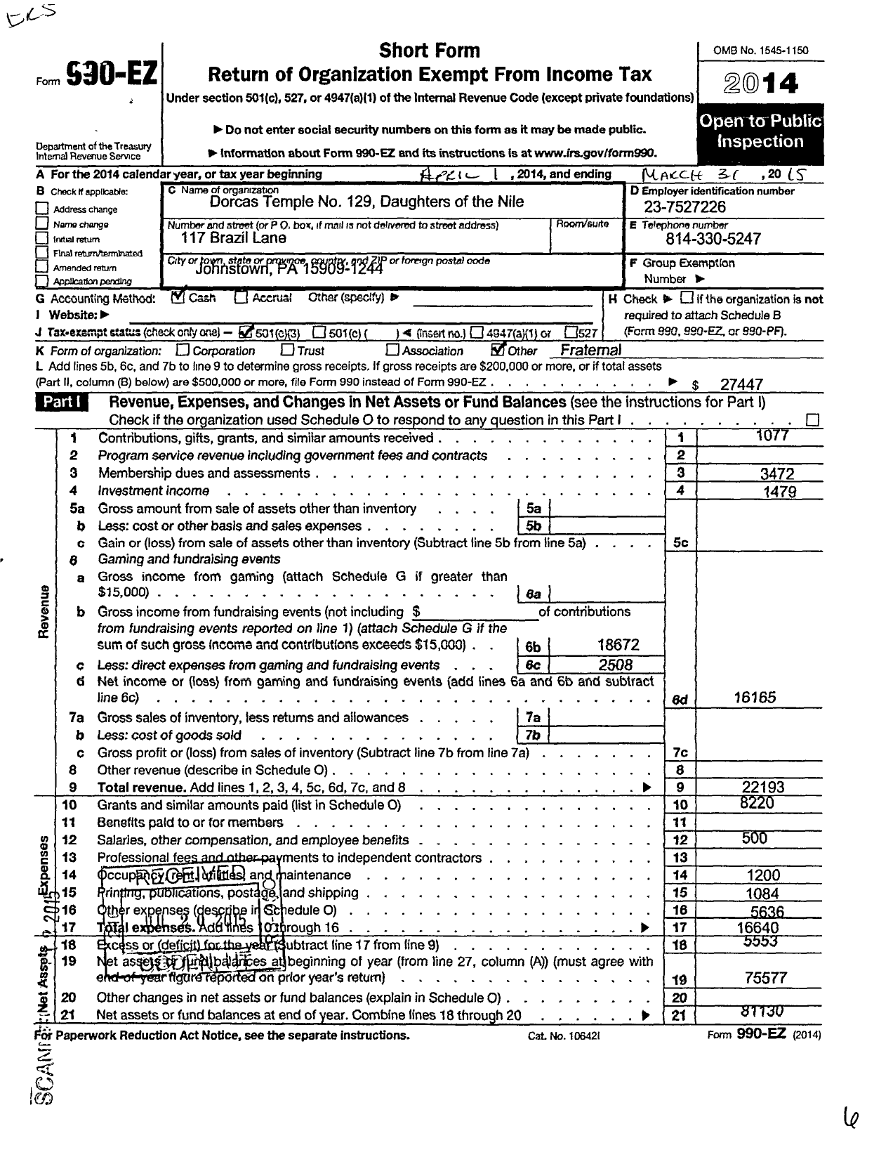 Image of first page of 2014 Form 990EZ for Daughters of the Nile - 129 Dorcas Temple