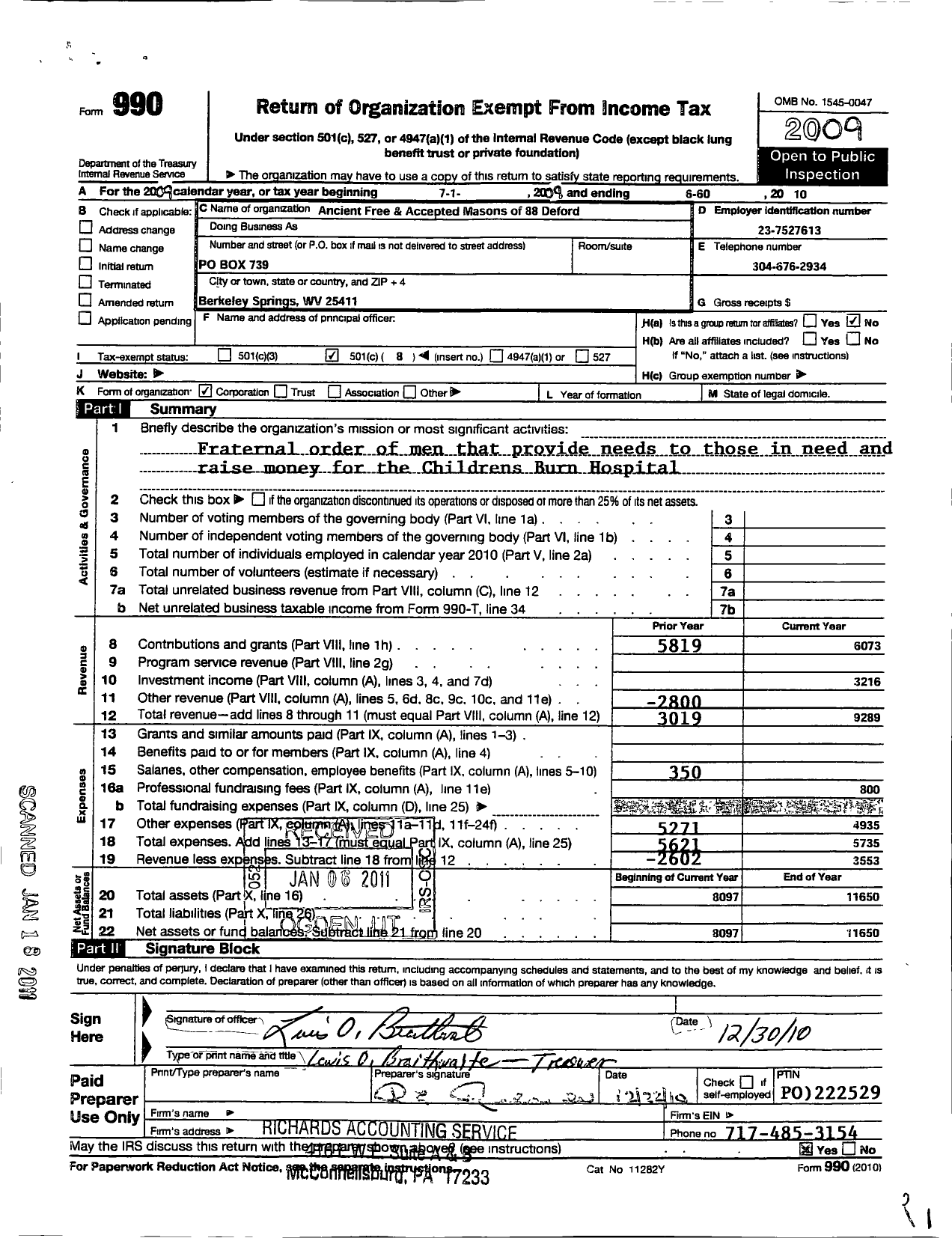 Image of first page of 2009 Form 990O for Ancient Free and Accepted Masons of West Virginia - 88 Deford