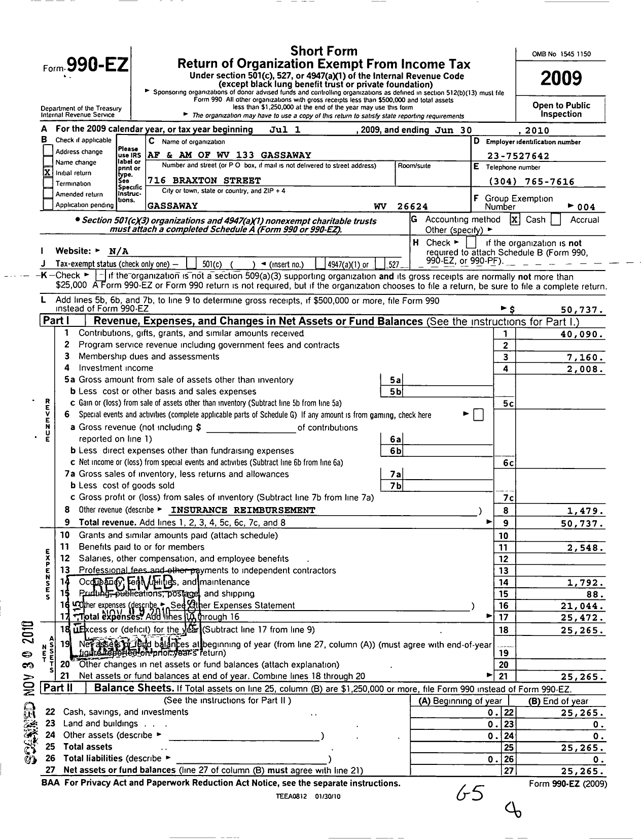 Image of first page of 2009 Form 990EO for Ancient Free and Accepted Masons of West Virginia - 133 Gassaway