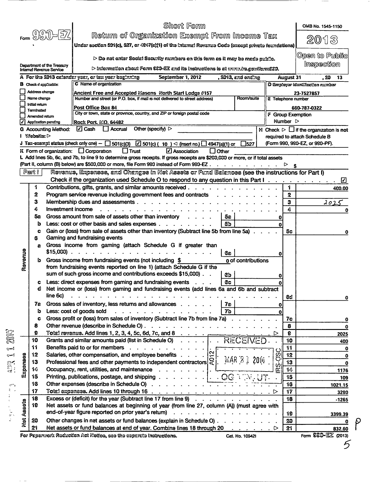 Image of first page of 2012 Form 990EO for Ancient and Free Accepted Masons of Missouri / 157 North Star