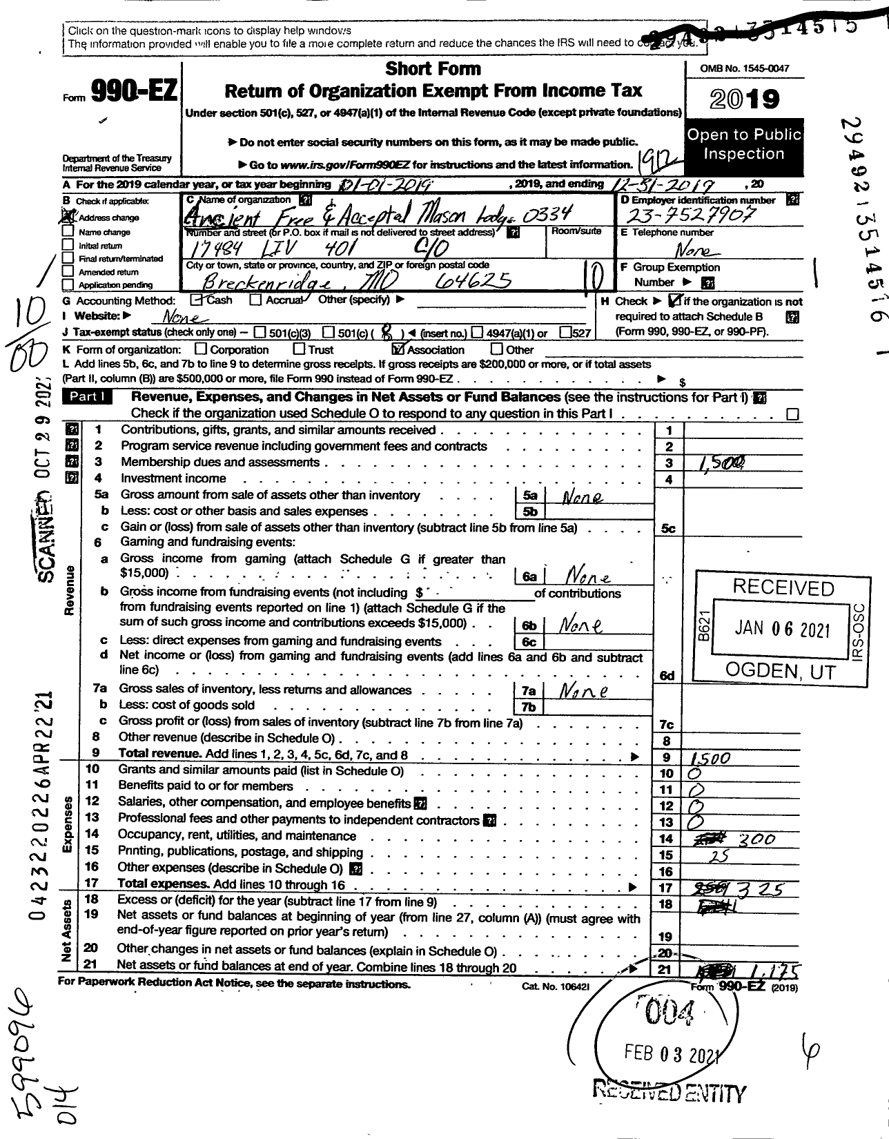 Image of first page of 2019 Form 990EO for Ancient Free and Accepted Masons of Missouri - 0334 Breckeridge Lodge