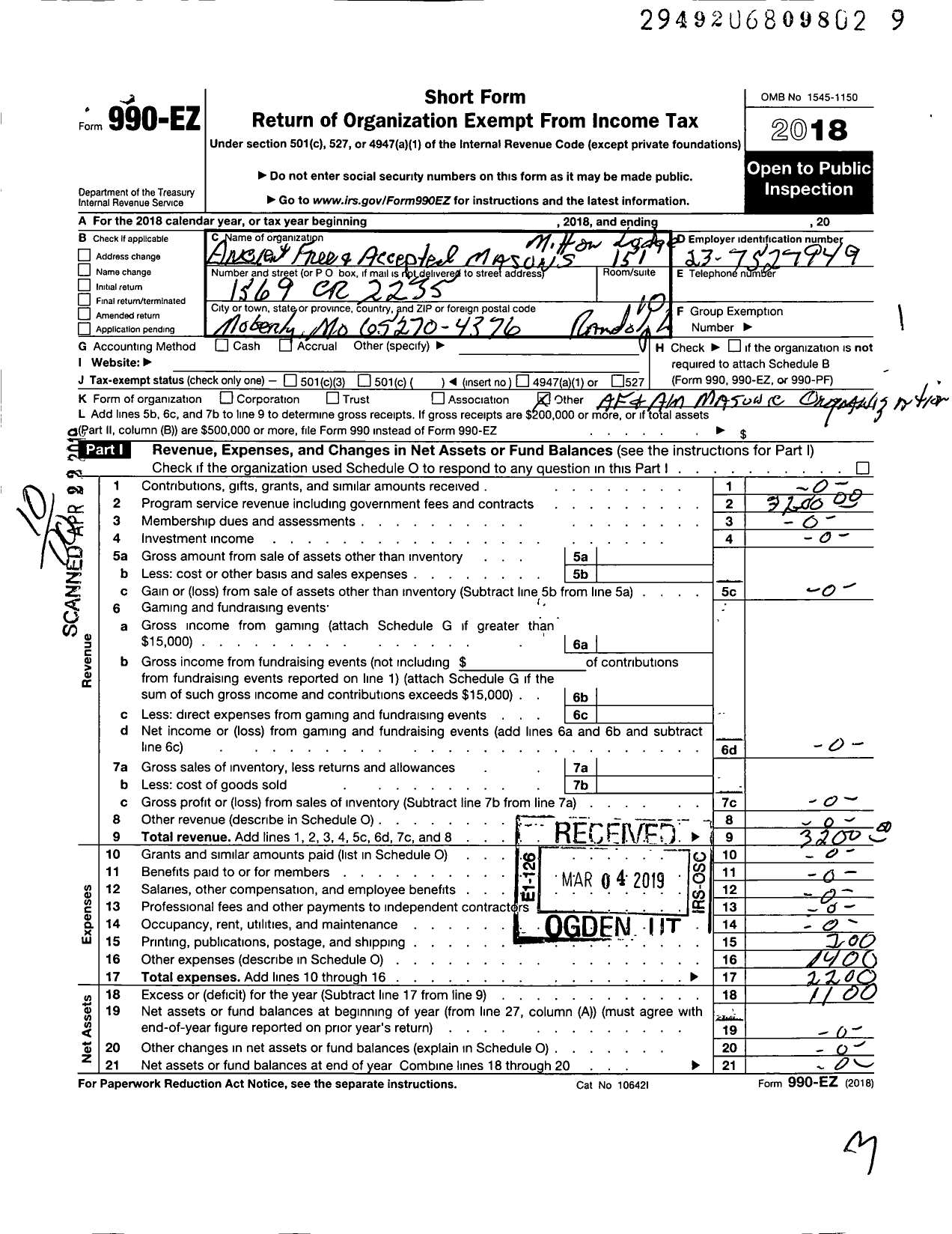 Image of first page of 2018 Form 990EO for Ancient Free and Accepted Masons of Missouri - 151 Milton Lodge