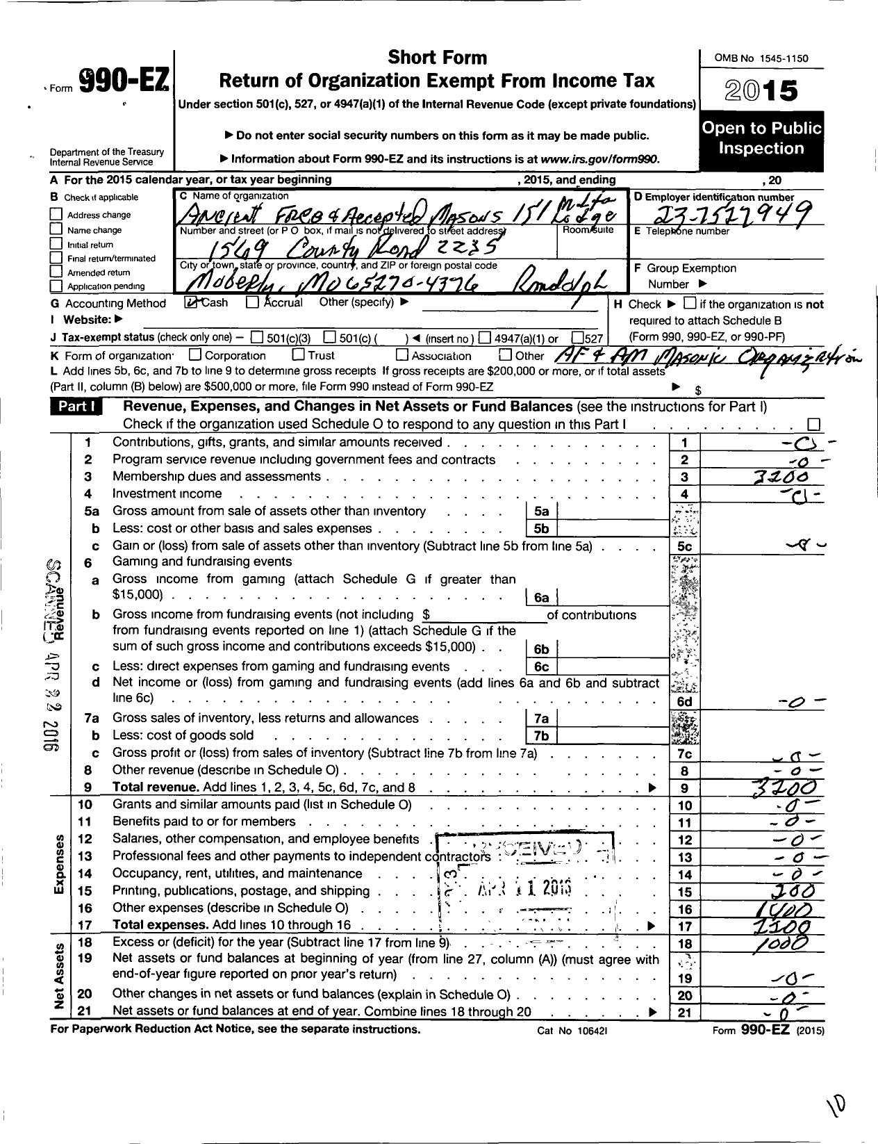 Image of first page of 2015 Form 990EO for Ancient Free and Accepted Masons of Missouri - 151 Milton Lodge