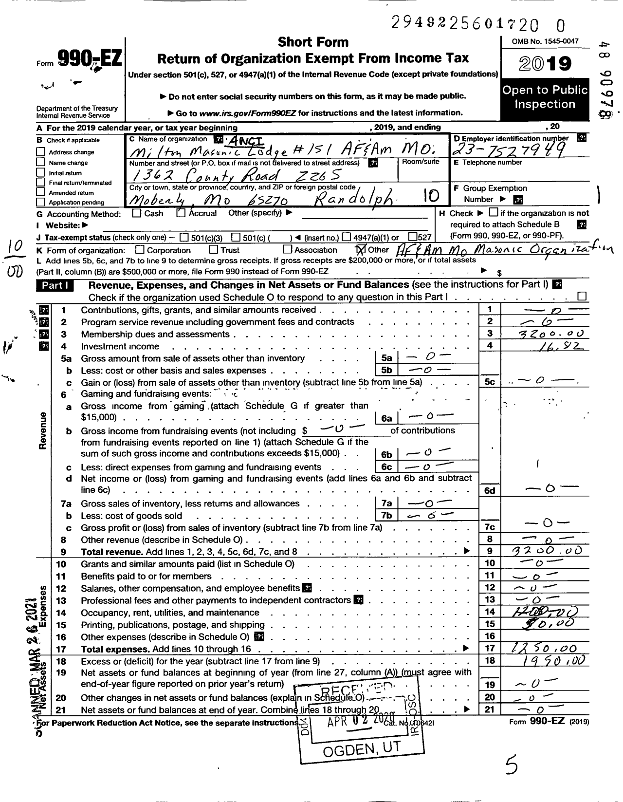 Image of first page of 2019 Form 990EO for Ancient Free and Accepted Masons of Missouri - 151 Milton Lodge