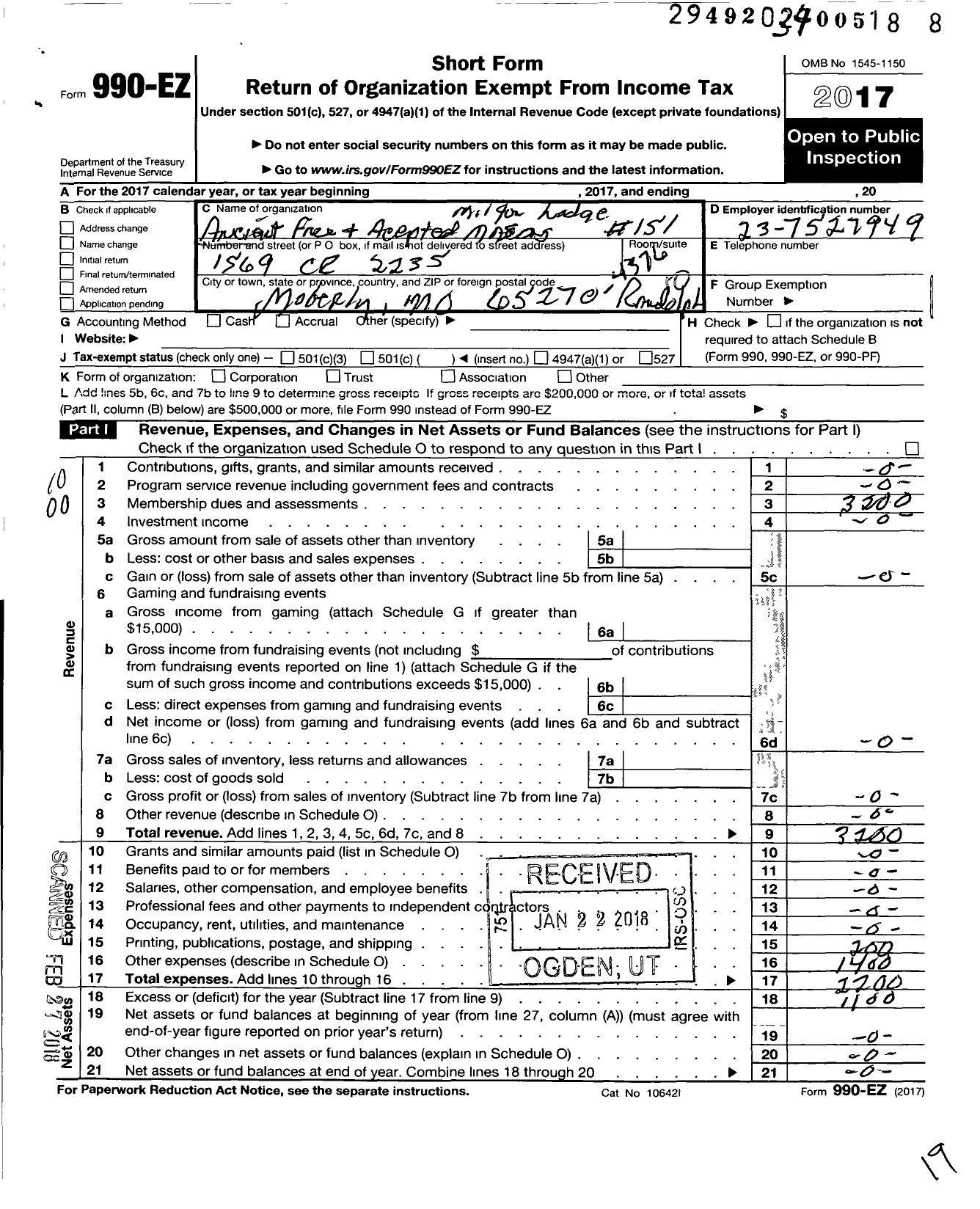 Image of first page of 2017 Form 990EO for Ancient Free and Accepted Masons of Missouri - 151 Milton Lodge