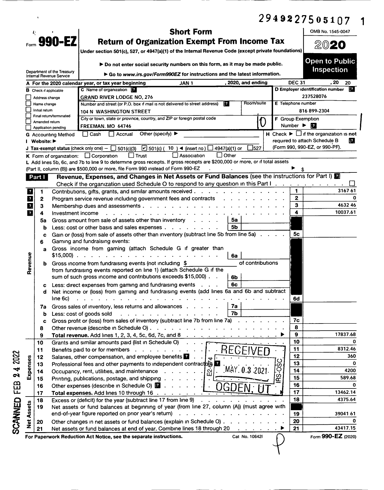 Image of first page of 2020 Form 990EO for Ancient Free and Accepted Masons of Missouri - 276 Grand River Lodge