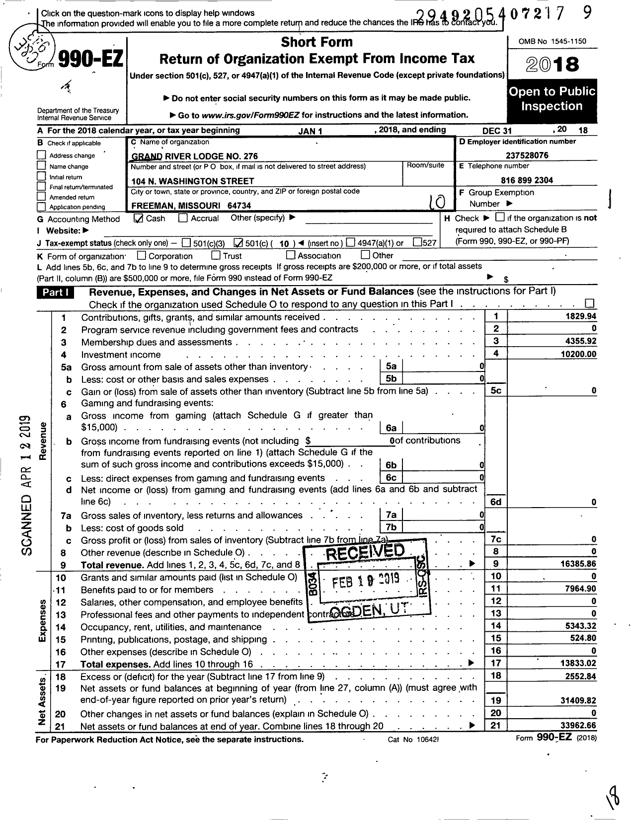 Image of first page of 2018 Form 990EO for Ancient Free and Accepted Masons of Missouri - 276 Grand River Lodge