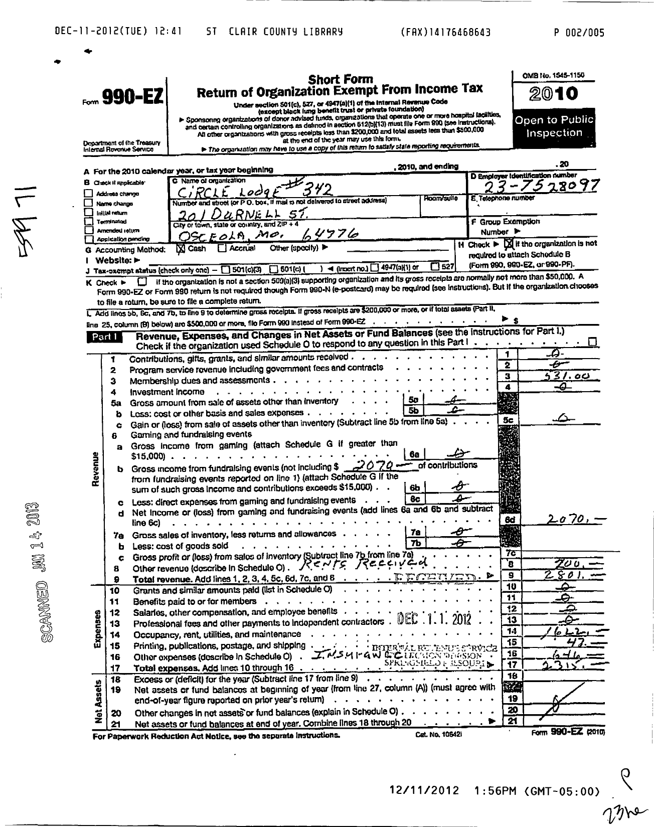 Image of first page of 2010 Form 990EO for Ancient Free and Accepted Masons of Missouri - 342 Circle Lodge