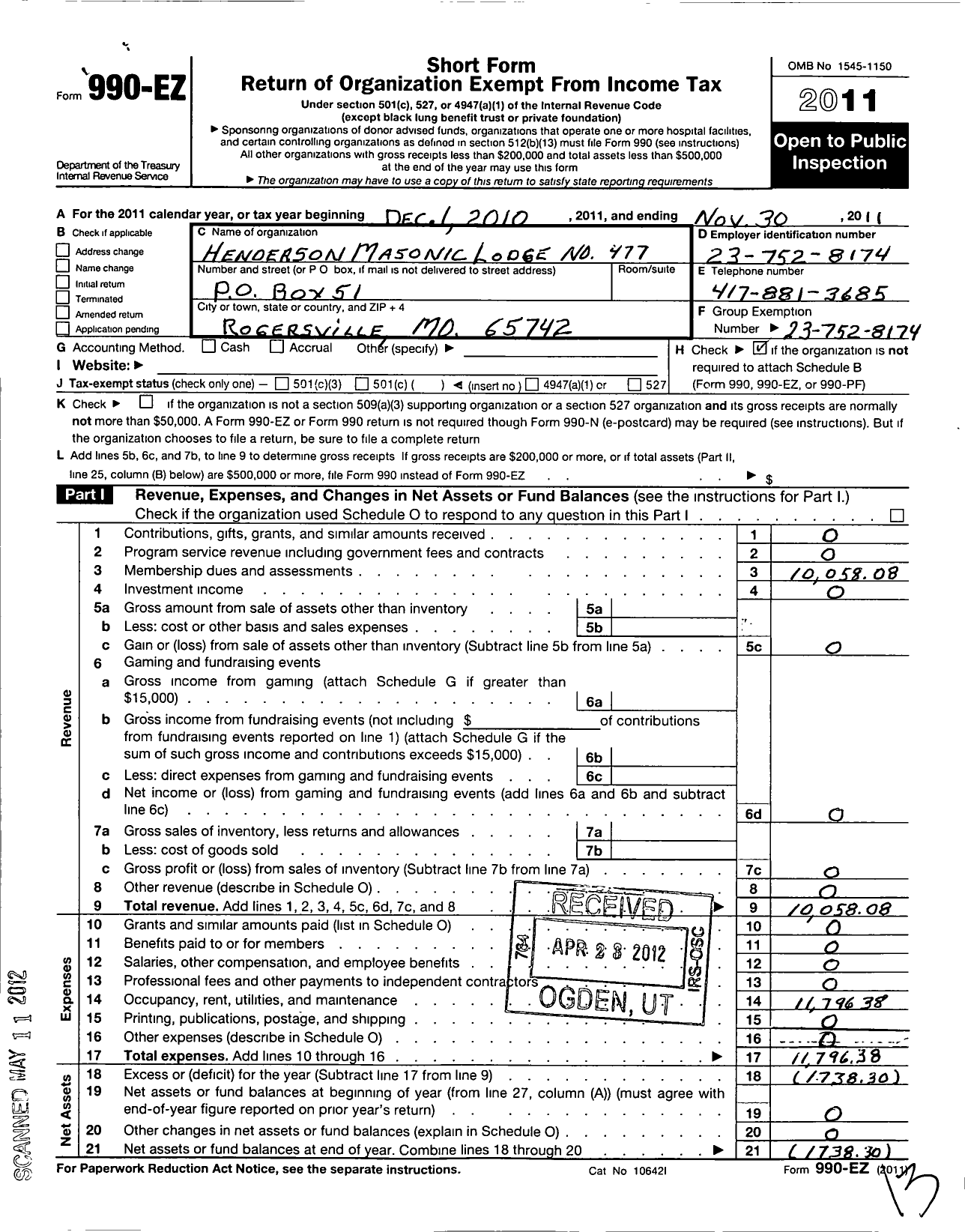 Image of first page of 2010 Form 990EO for Ancient Free and Accepted Masons of Missouri - 477 Henderson Lodge