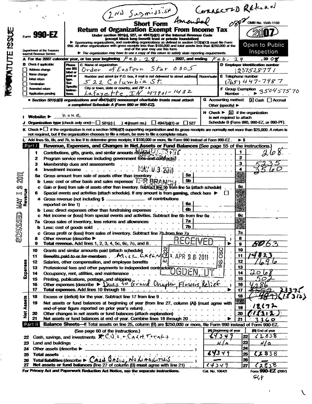 Image of first page of 2007 Form 990EO for Order of Eastern Star of Indiana - 5 Hope Chapter