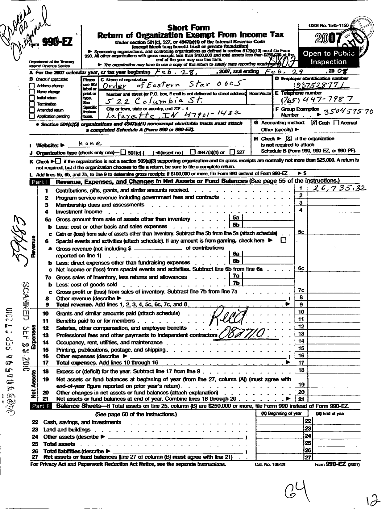 Image of first page of 2007 Form 990EO for Order of Eastern Star of Indiana - 5 Hope Chapter