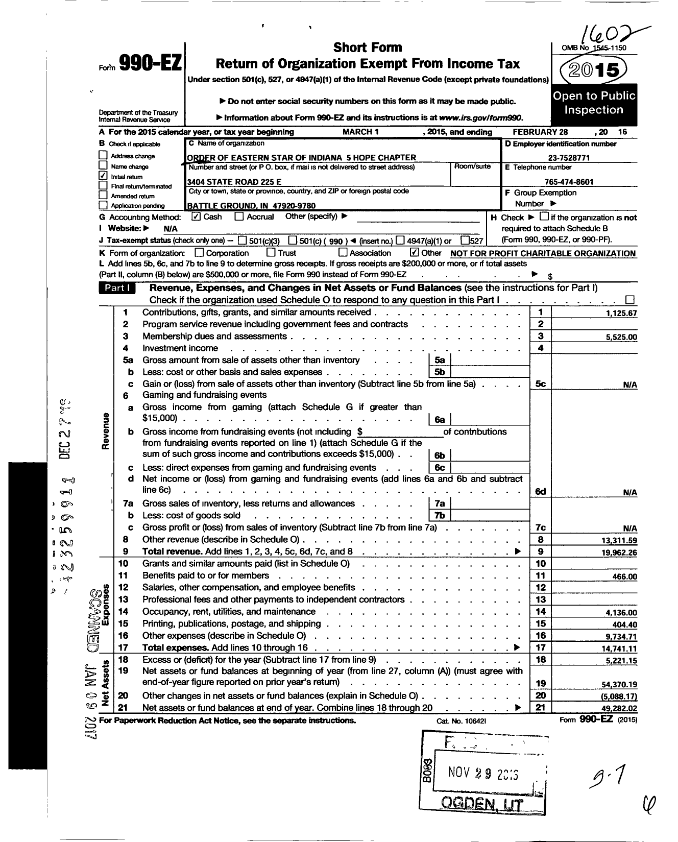 Image of first page of 2015 Form 990EO for Order of Eastern Star of Indiana - 5 Hope Chapter