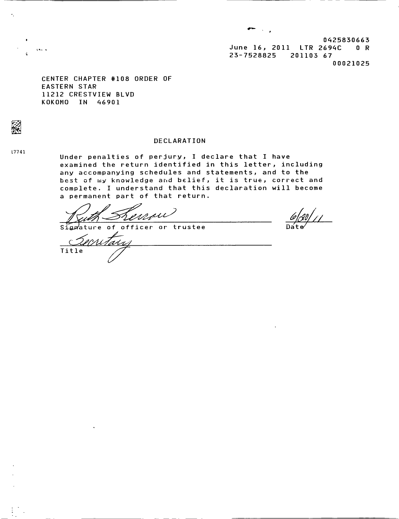 Image of first page of 2010 Form 990R for Order of Eastern Star of Indiana - 108 Center Chapter