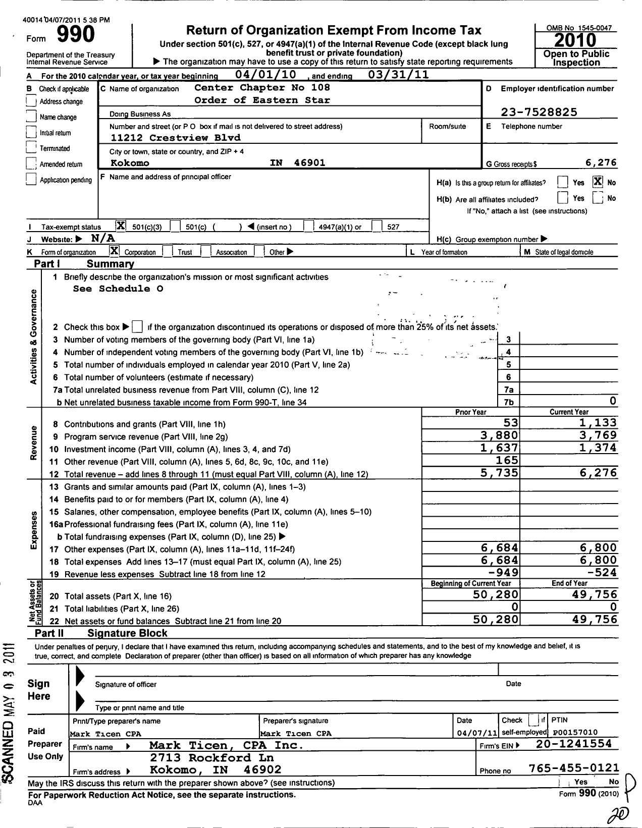 Image of first page of 2010 Form 990 for Order of Eastern Star of Indiana - 108 Center Chapter