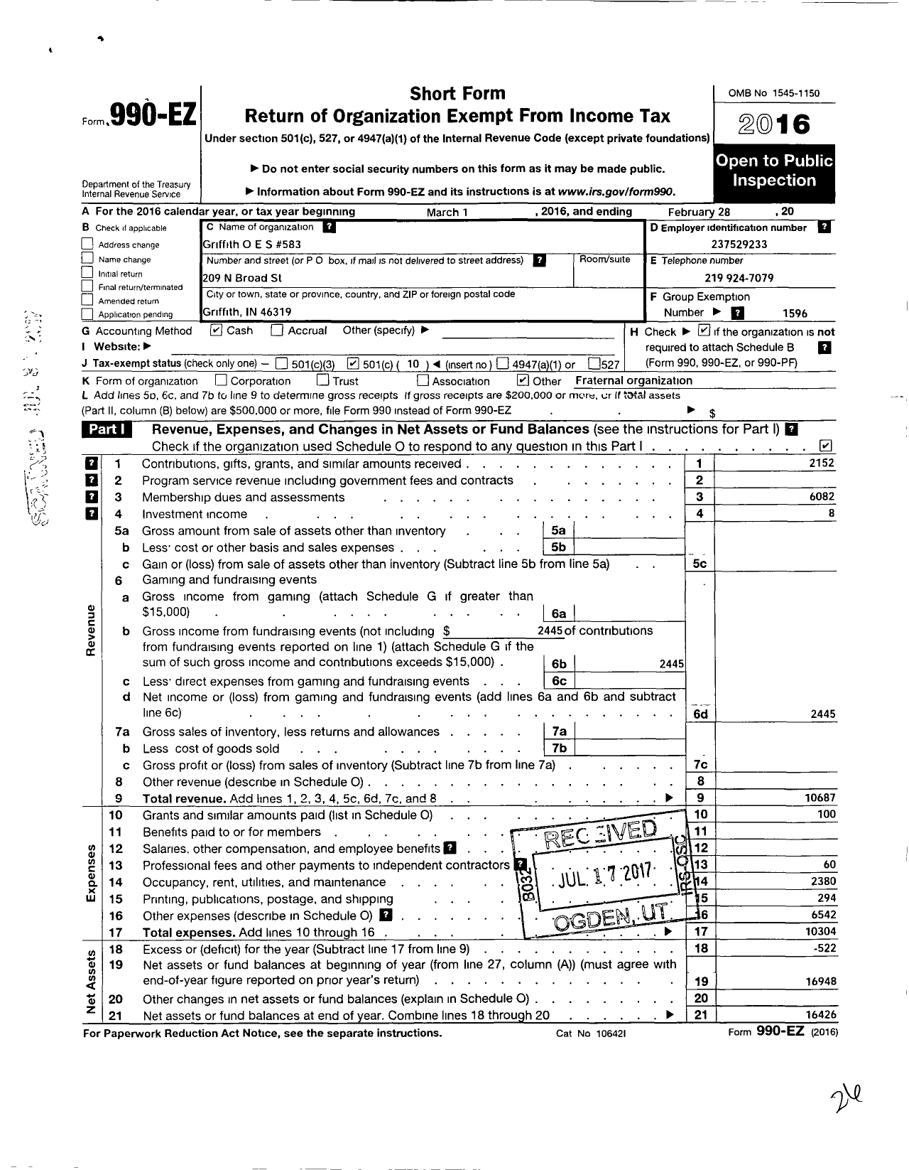 Image of first page of 2015 Form 990EO for Order of Eastern Star of Indiana - 583 Griffith Chapter