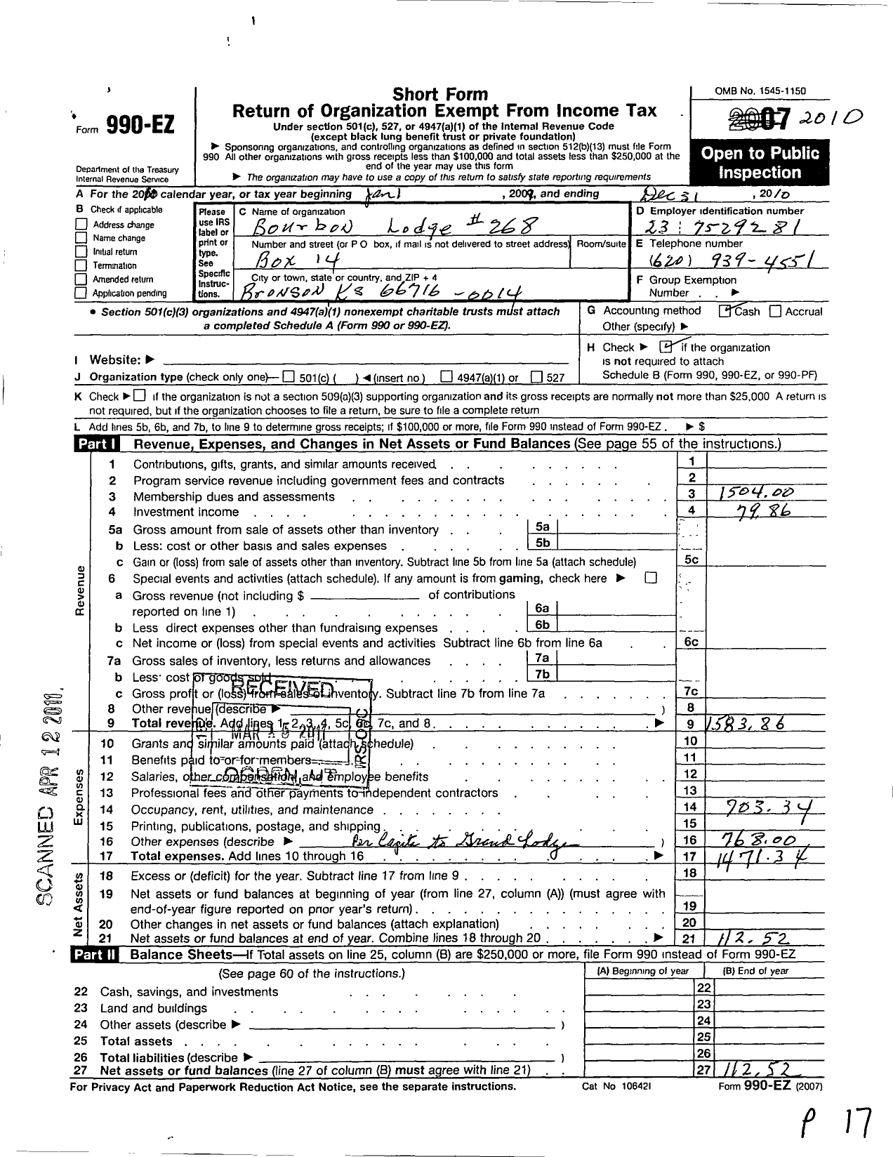 Image of first page of 2010 Form 990EO for Ancient Free and Accepted Masons of Kansas - 268 Bourbon