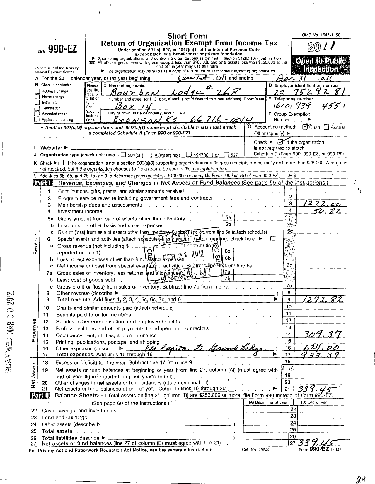 Image of first page of 2011 Form 990EO for Ancient Free and Accepted Masons of Kansas - 268 Bourbon