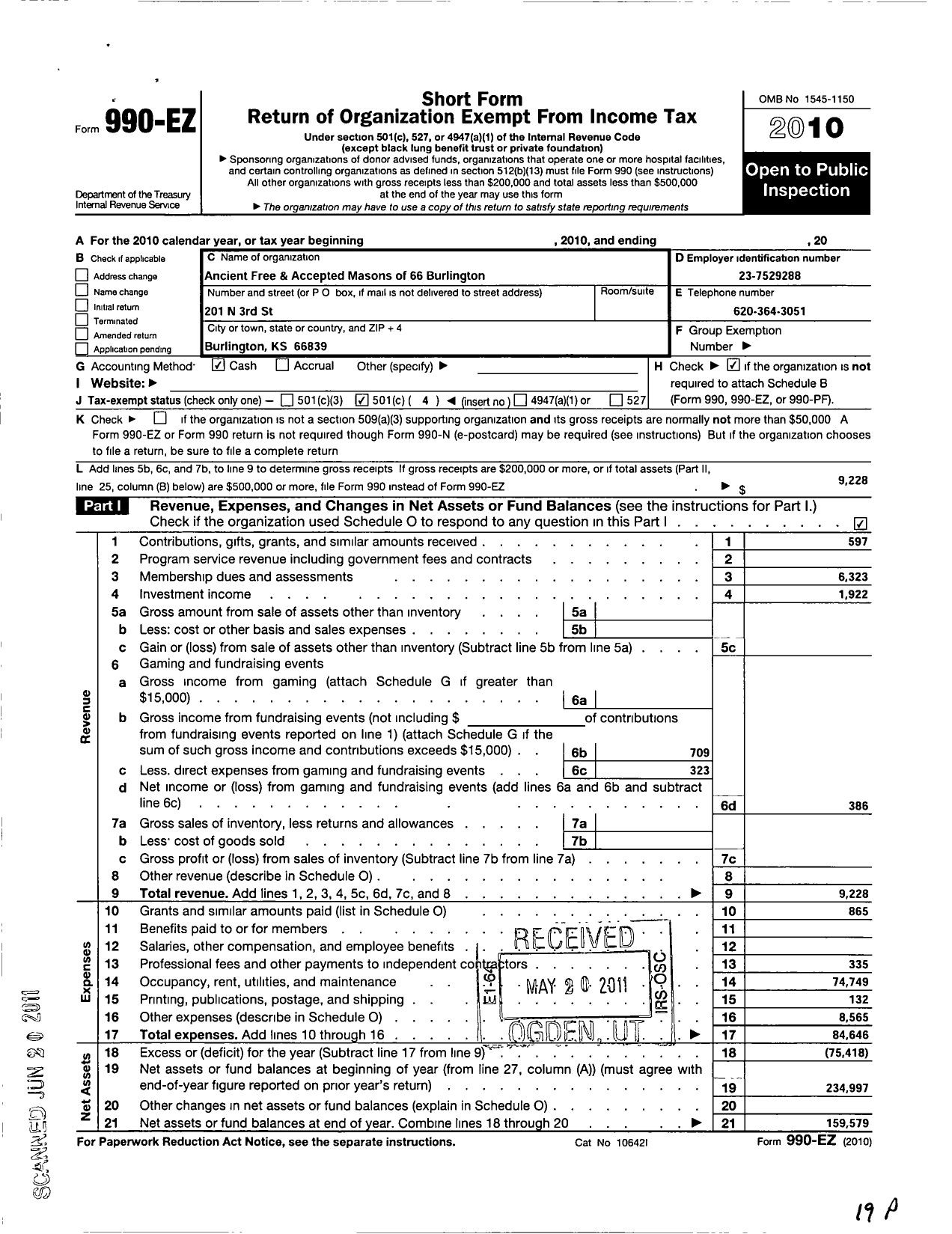 Image of first page of 2010 Form 990EO for Ancient Free and Accepted Masons of Kansas - 66 Burlington