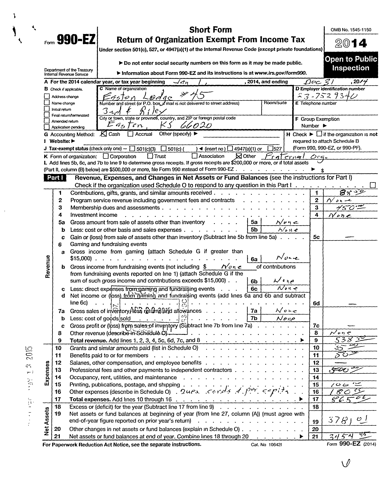 Image of first page of 2014 Form 990EO for Ancient Free and Accepted Masons of Kansas / 45 Easton