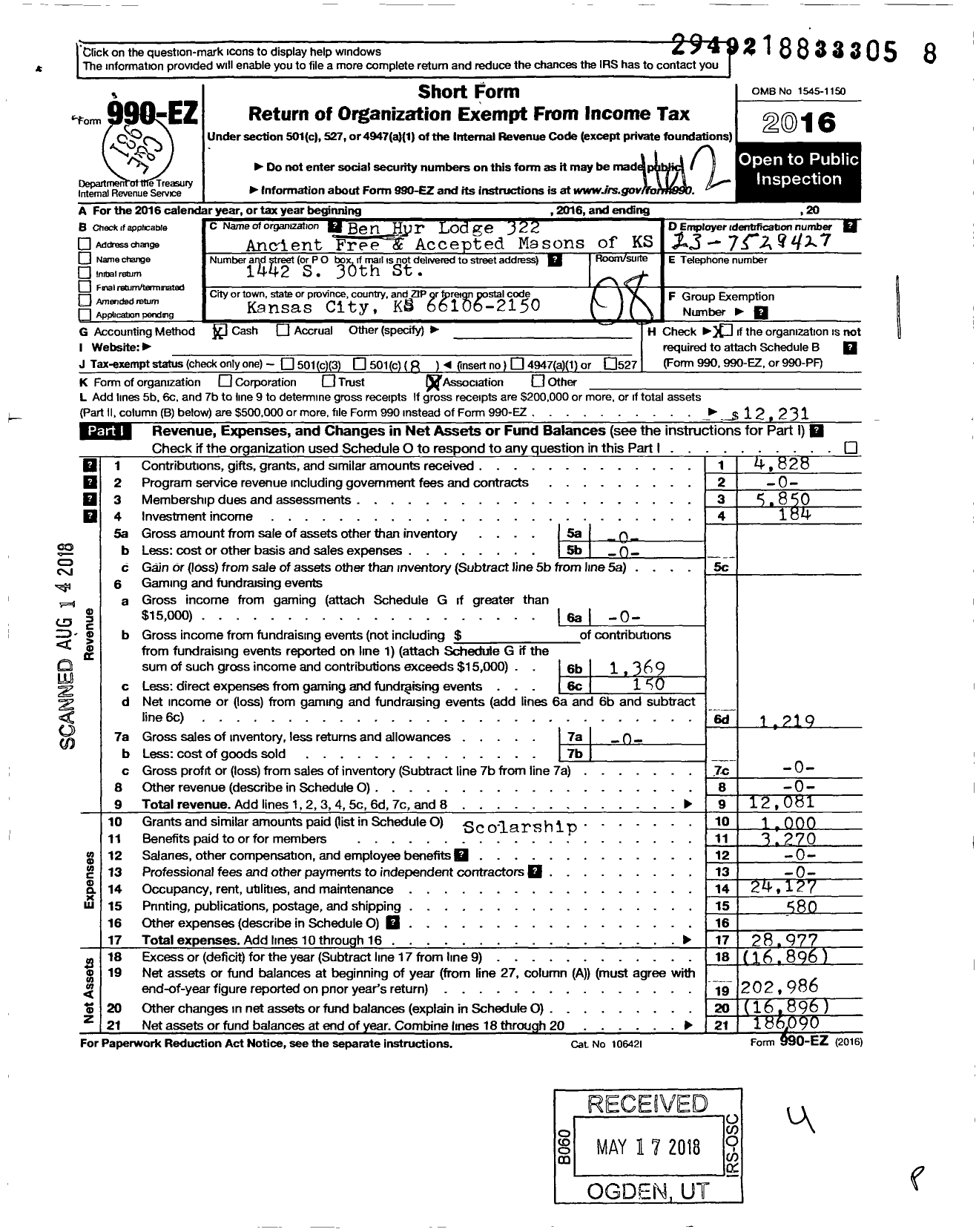 Image of first page of 2016 Form 990EO for Ancient Free and Accepted Masons of Kansas - 322 Ben Hur