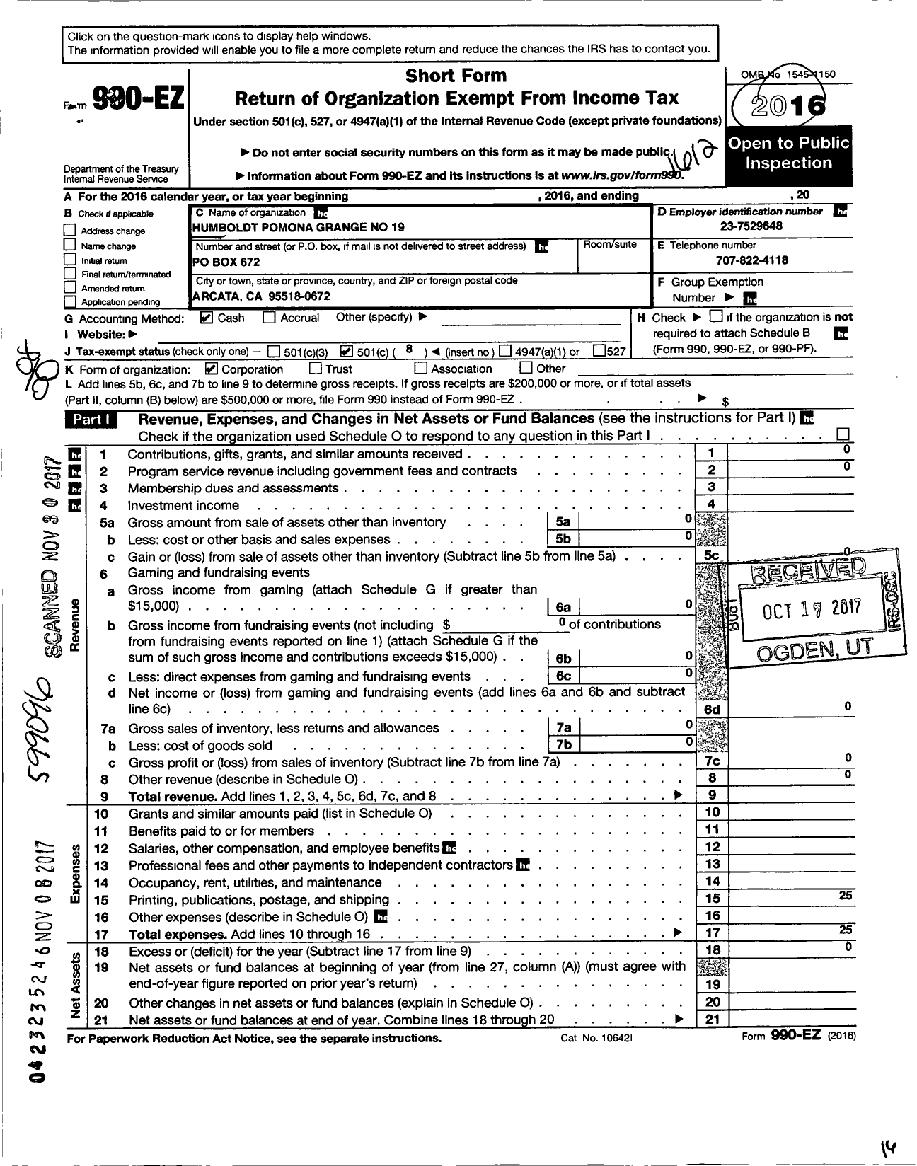 Image of first page of 2016 Form 990EO for Humboldt Pomona Grange No 19