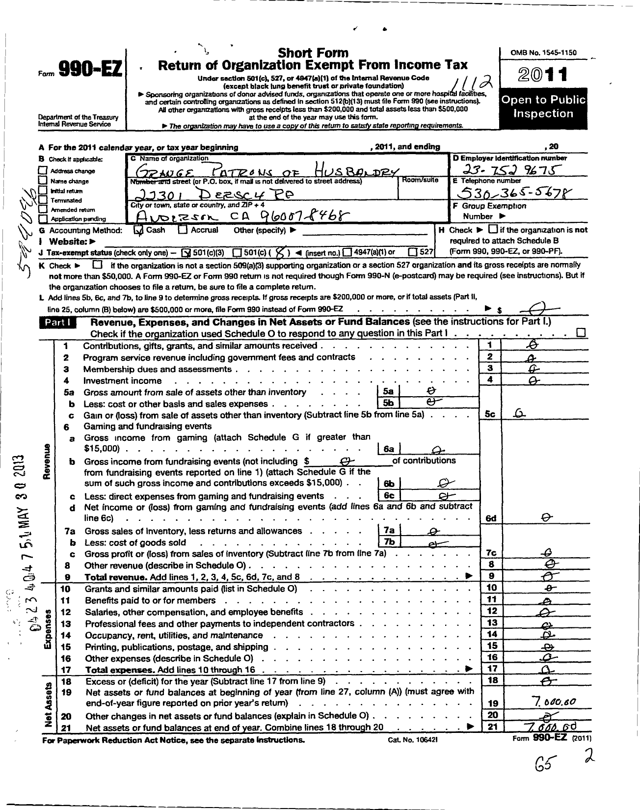 Image of first page of 2011 Form 990EO for Grange Patrons of Husbandry California / Shasta Regional Guild