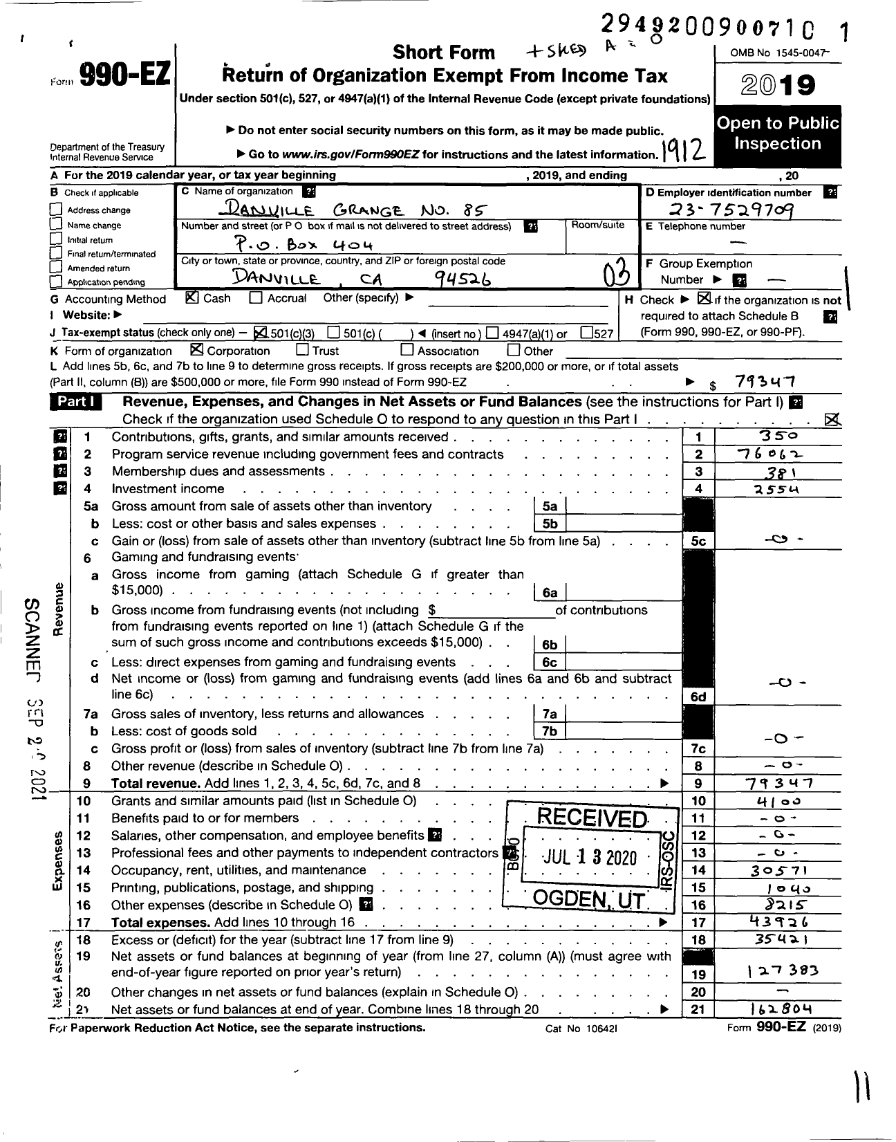 Image of first page of 2019 Form 990EZ for Danville Grange #85