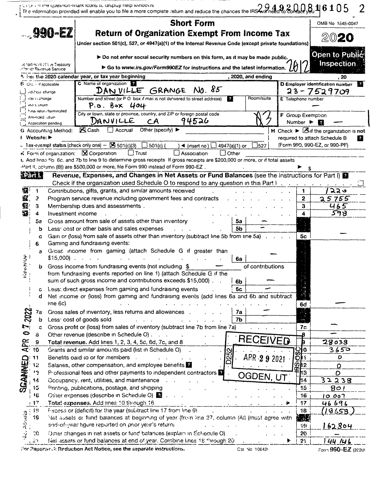 Image of first page of 2020 Form 990EZ for Danville Grange #85