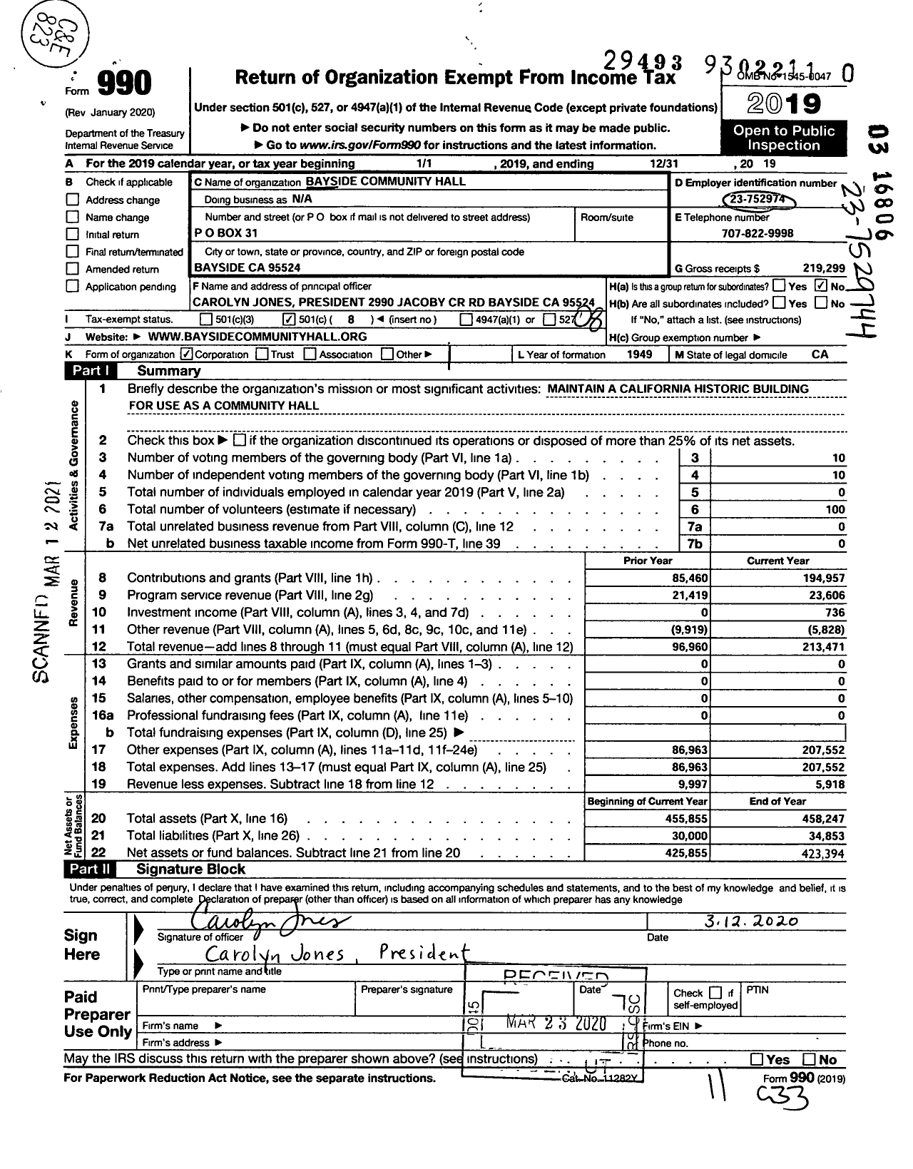 Image of first page of 2019 Form 990O for Bayside Community Hall