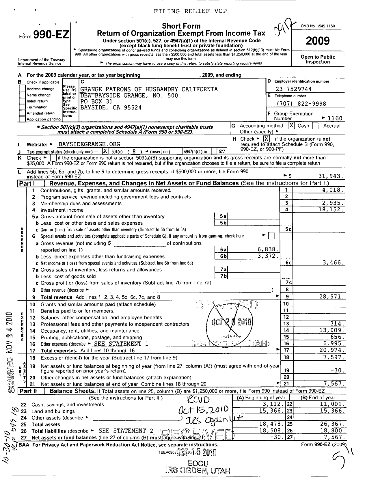 Image of first page of 2009 Form 990EO for Bayside Community Hall