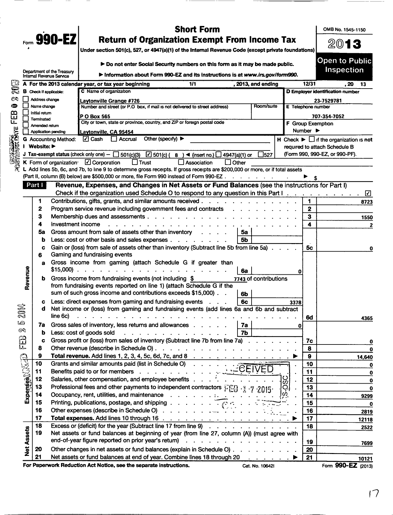 Image of first page of 2013 Form 990EO for Grange Patrons of Husbandry