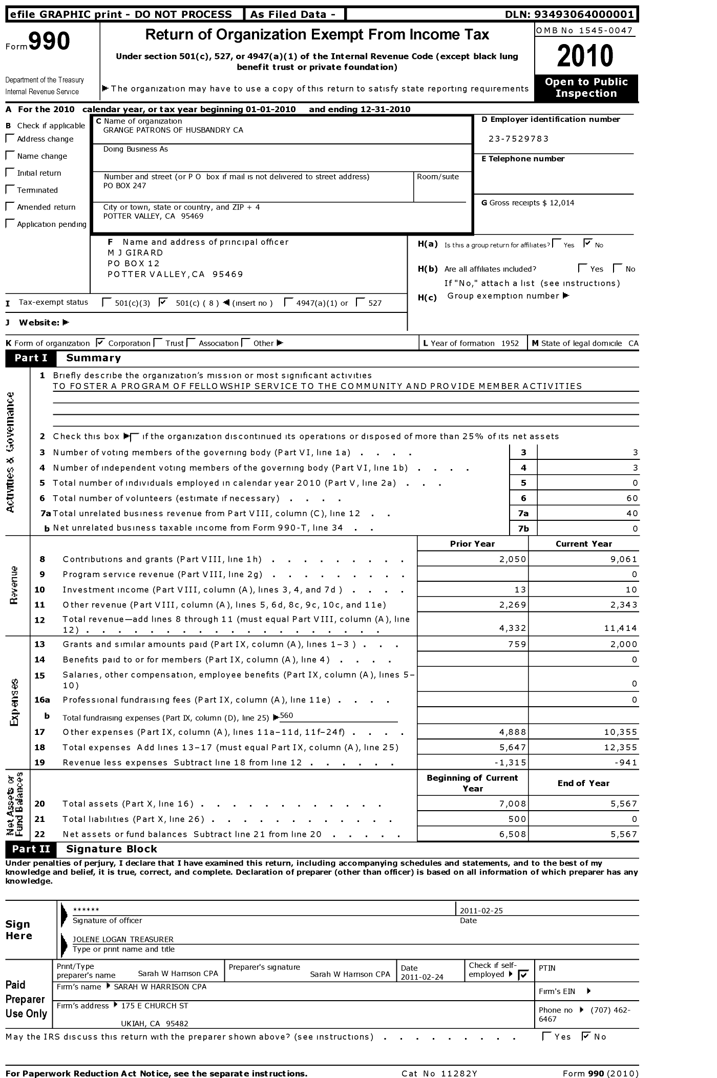 Image of first page of 2010 Form 990O for Grange Patrons of Husbandry California - 115 Potter Valley