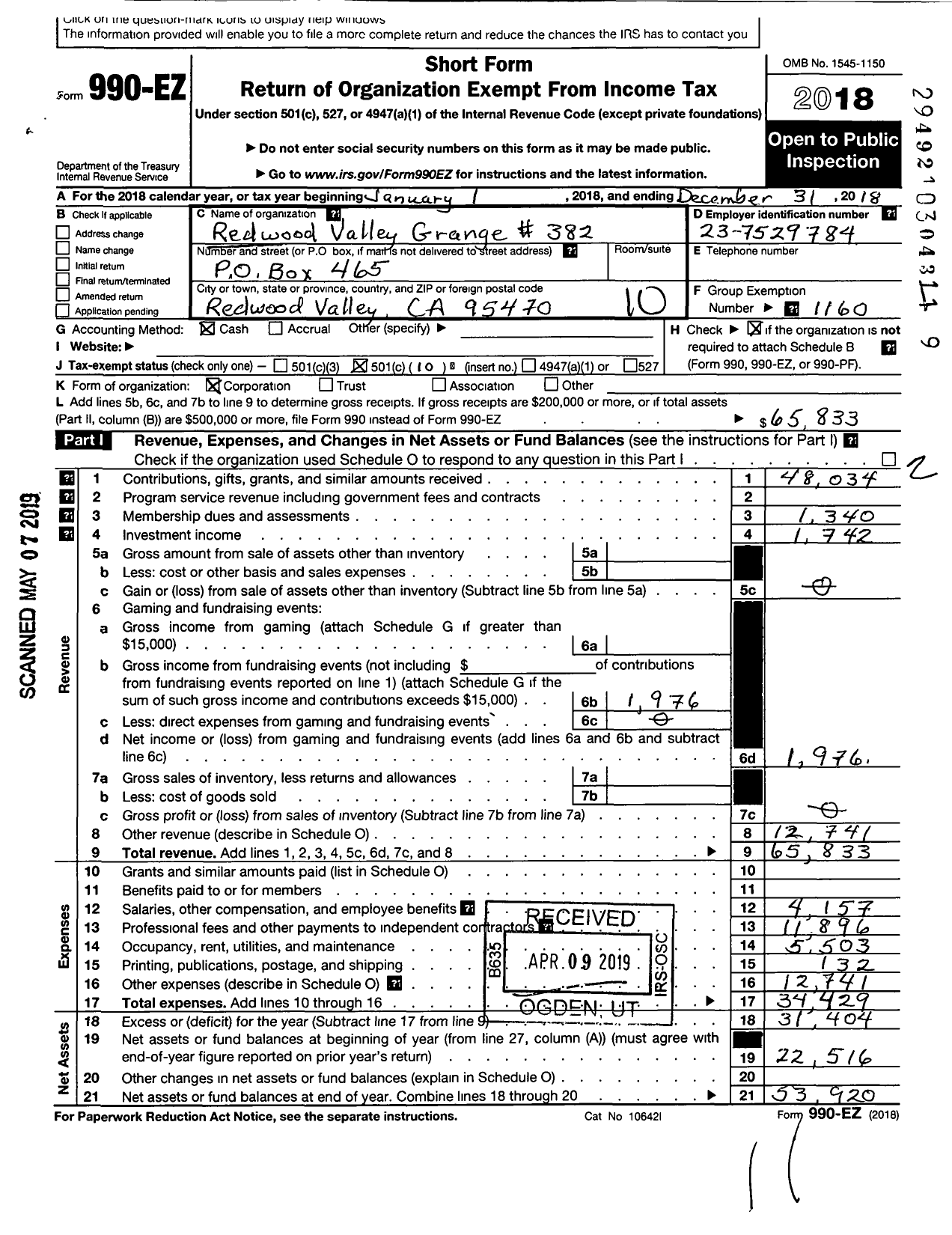 Image of first page of 2018 Form 990EO for Redwood Valley Community Guild