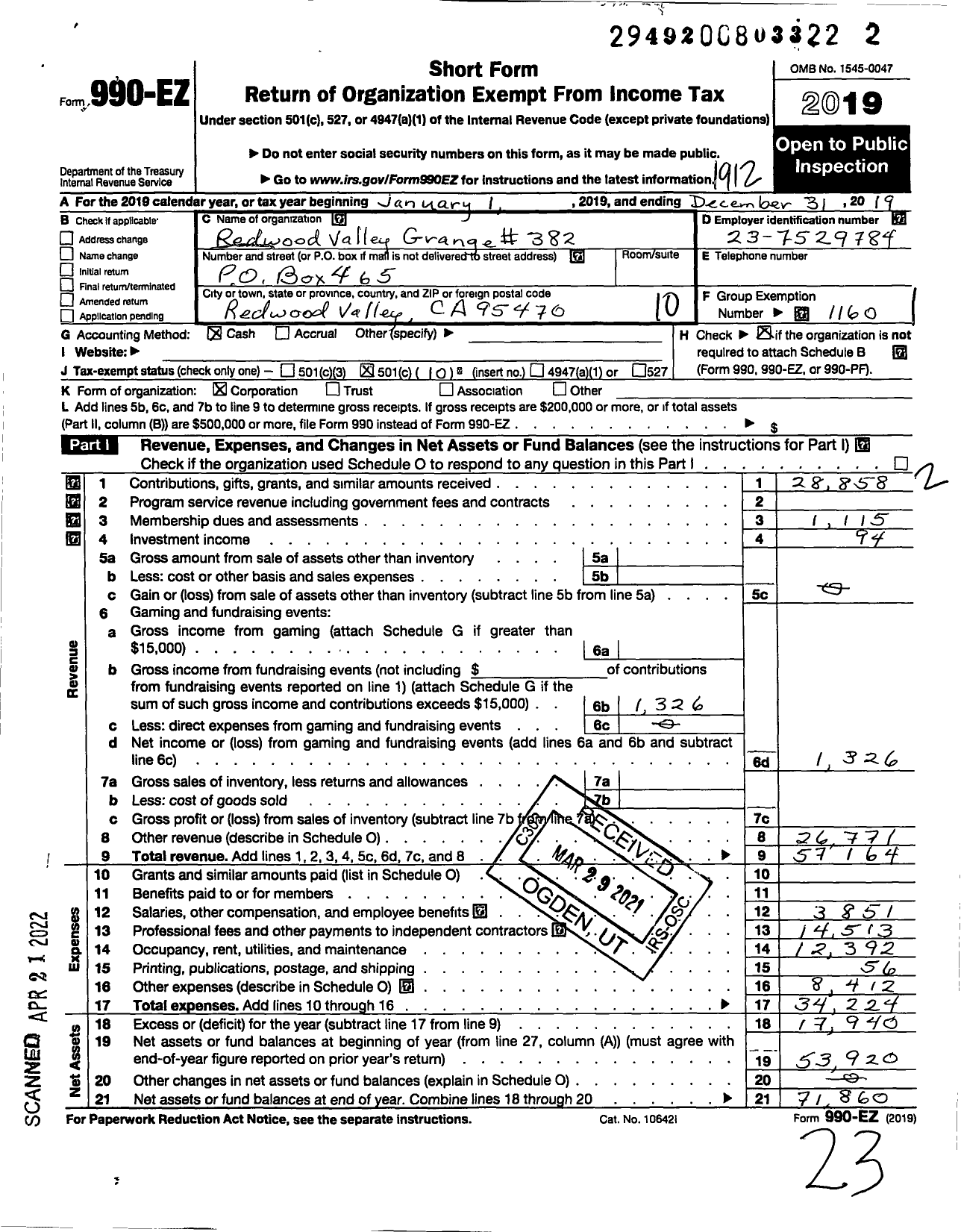 Image of first page of 2019 Form 990EO for Redwood Valley Community Guild