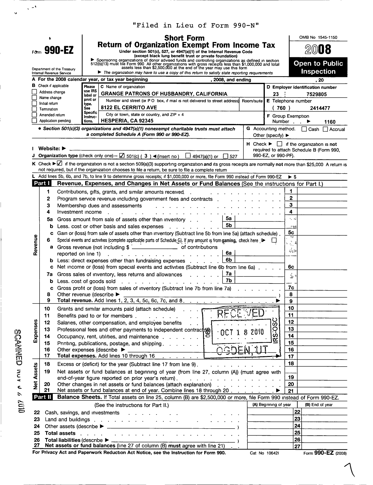 Image of first page of 2008 Form 990EZ for California Guild - 593 High Desert Grange