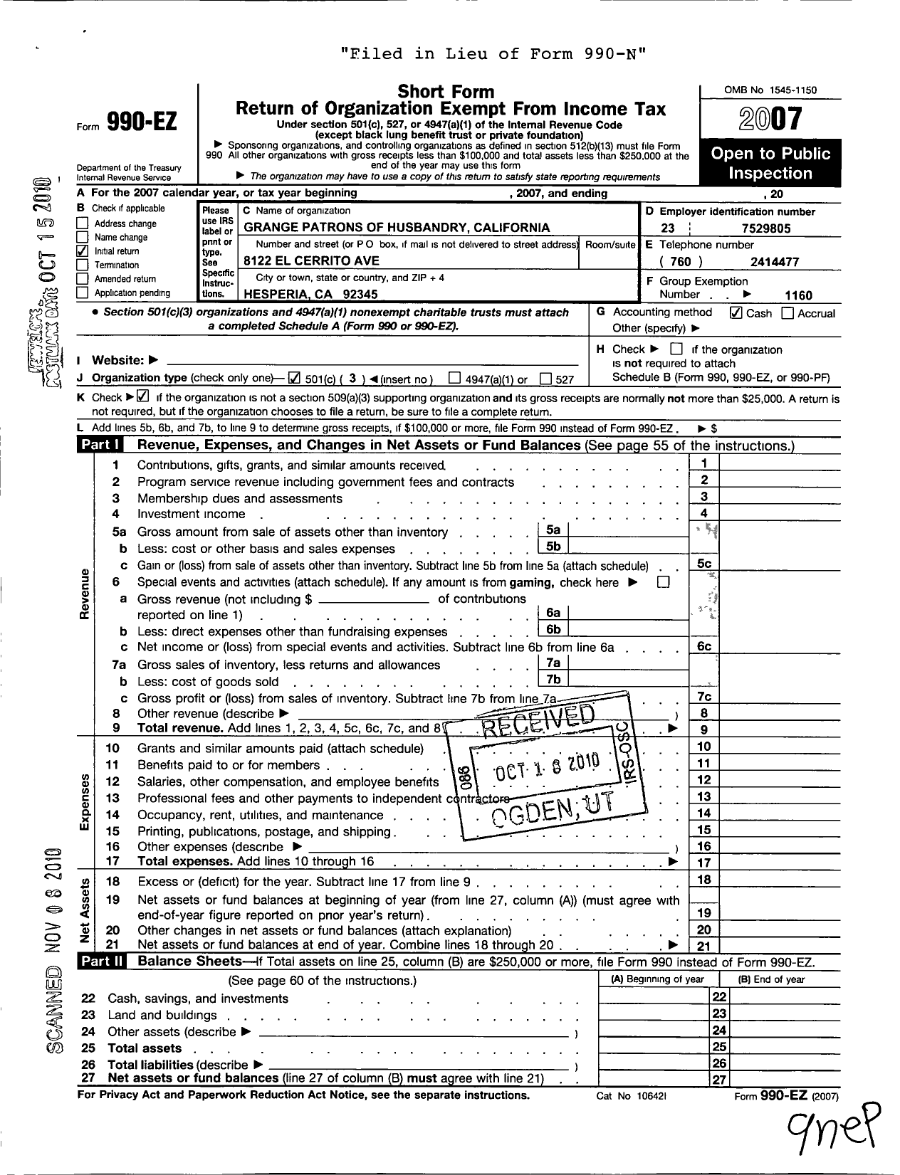 Image of first page of 2007 Form 990EZ for California Guild - 593 High Desert Grange