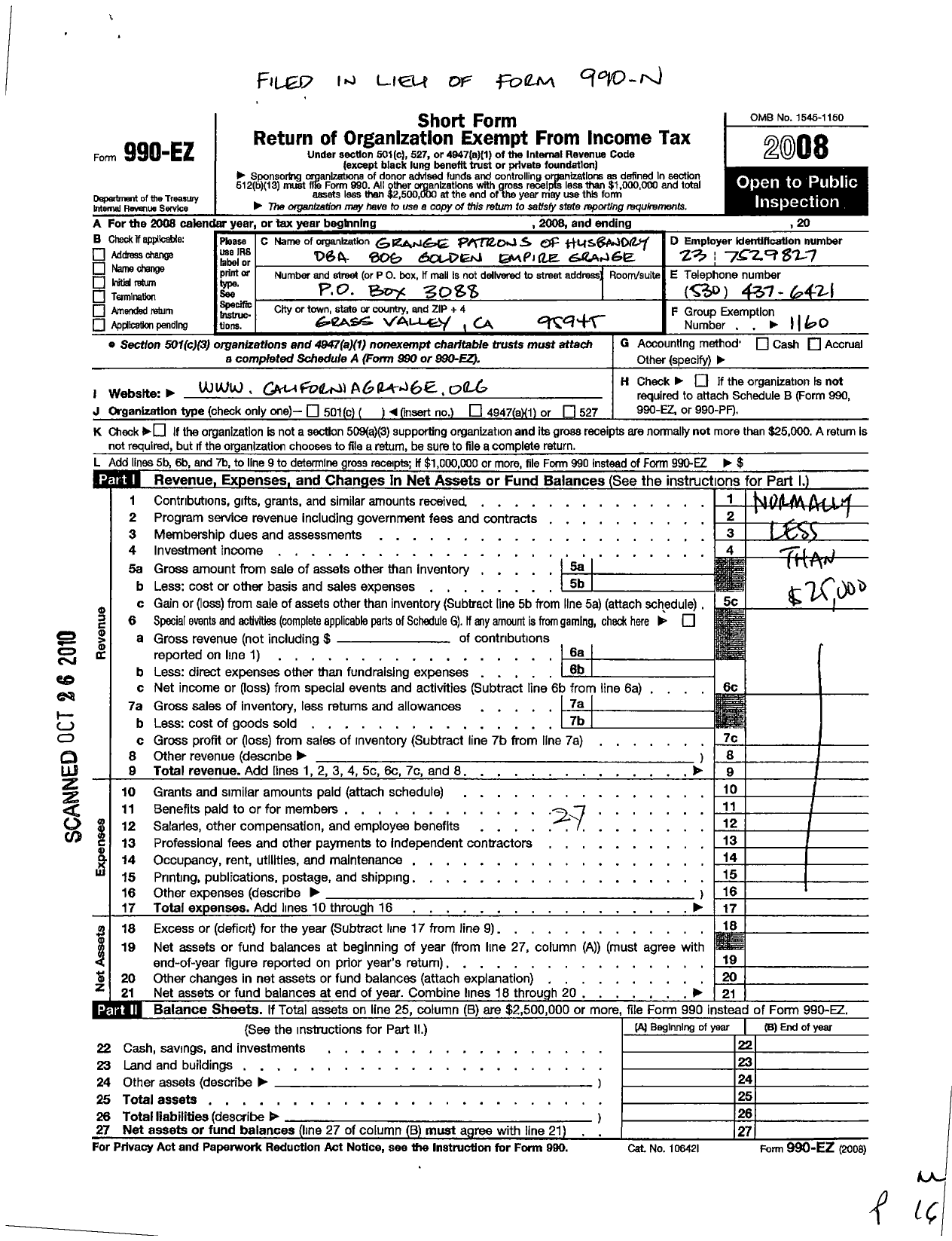 Image of first page of 2008 Form 990EO for Grange Patrons of Husbandry California - 806 Golden Empire Grange