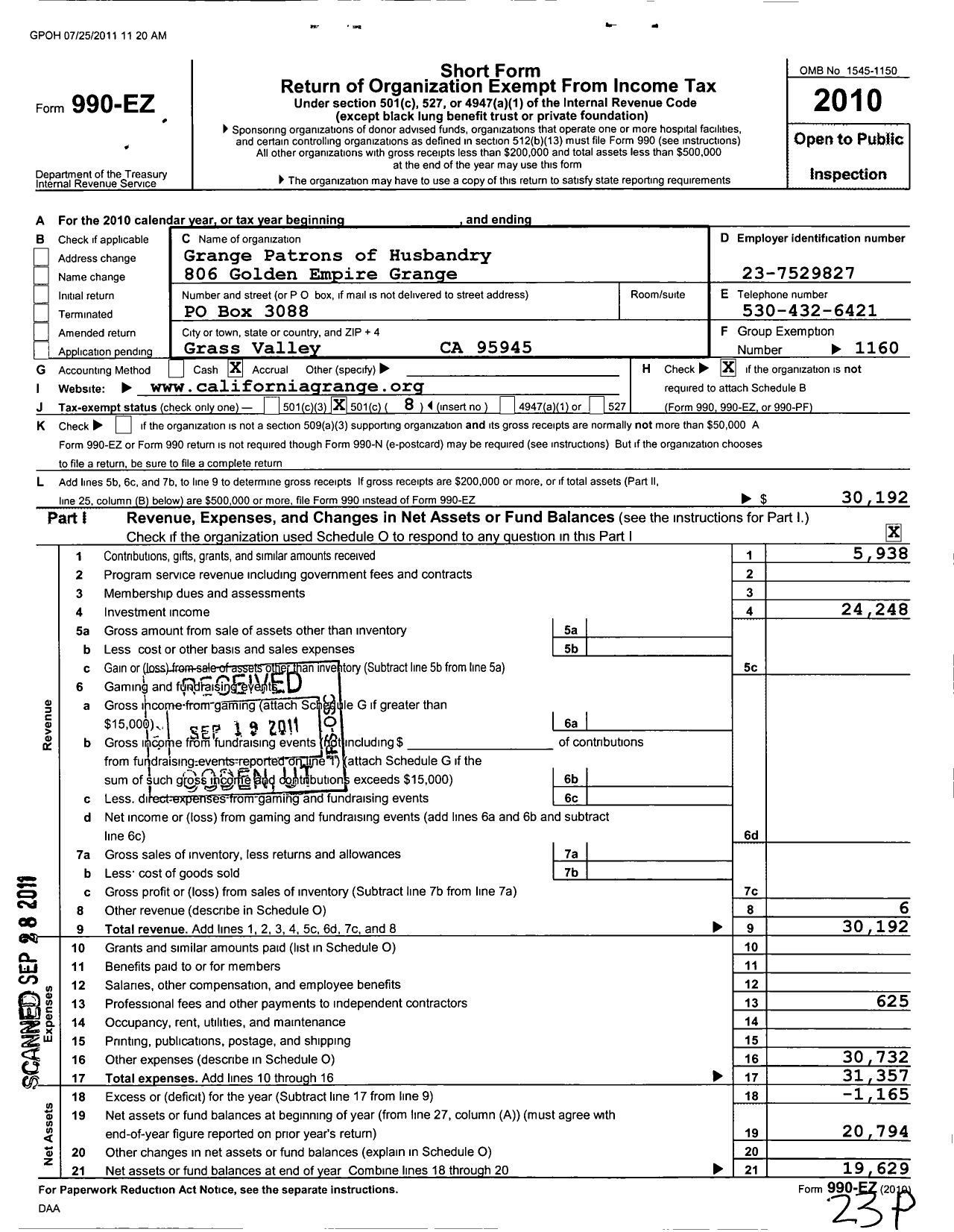 Image of first page of 2010 Form 990EO for Grange Patrons of Husbandry California - 806 Golden Empire Grange