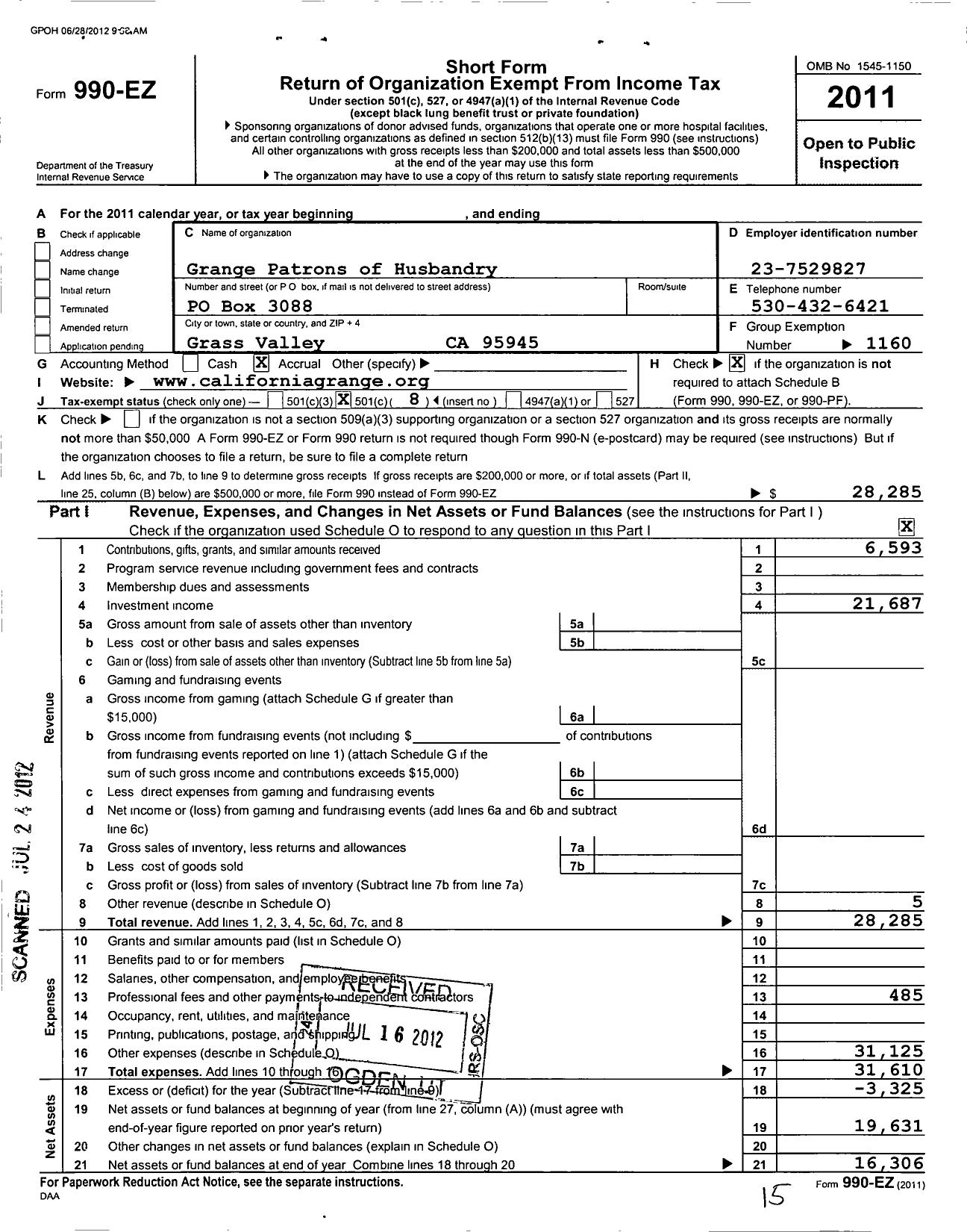 Image of first page of 2011 Form 990EO for Grange Patrons of Husbandry California - 806 Golden Empire Grange