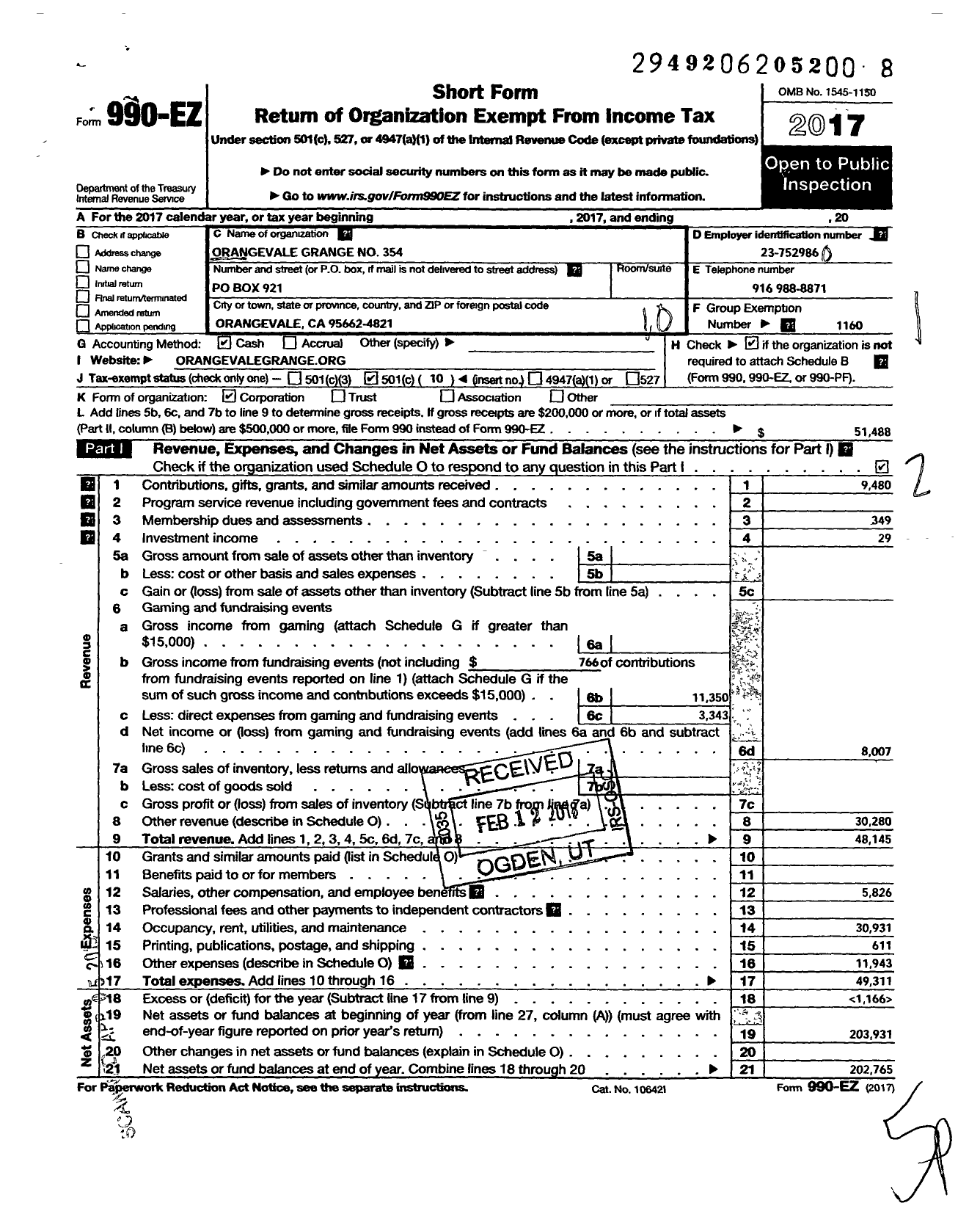 Image of first page of 2017 Form 990EO for Grange Patrons of Husbandry California - Orangevale Grange 354