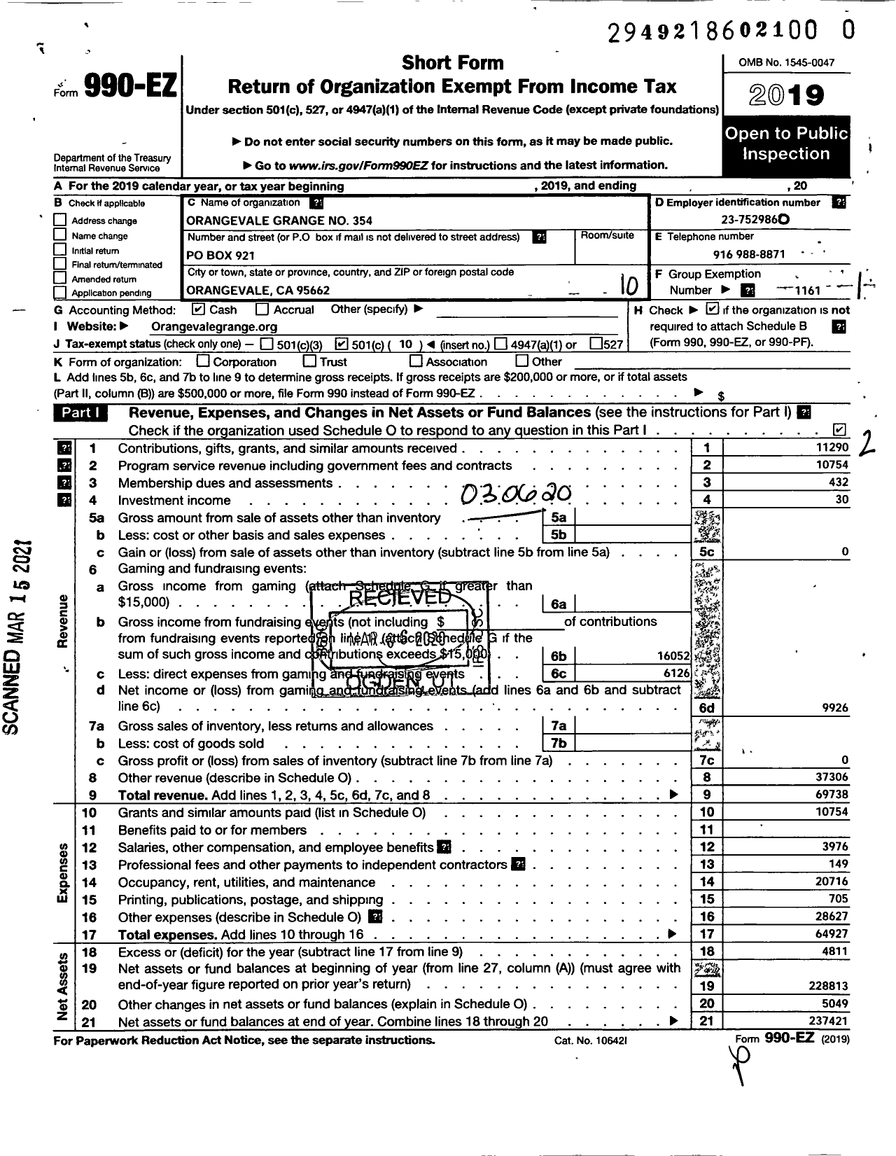 Image of first page of 2019 Form 990EO for Grange Patrons of Husbandry California - Orangevale Grange 354