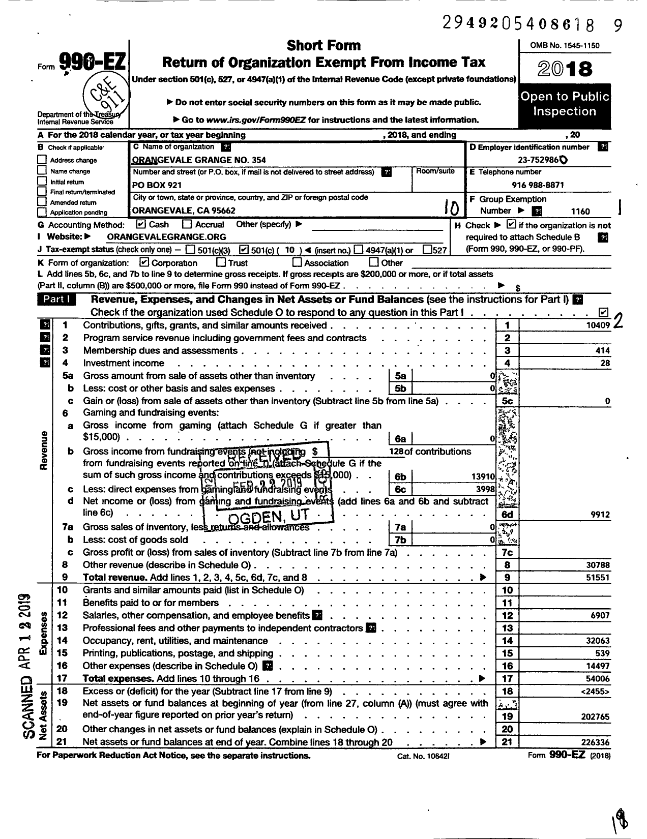 Image of first page of 2018 Form 990EO for Grange Patrons of Husbandry California - Orangevale Grange 354