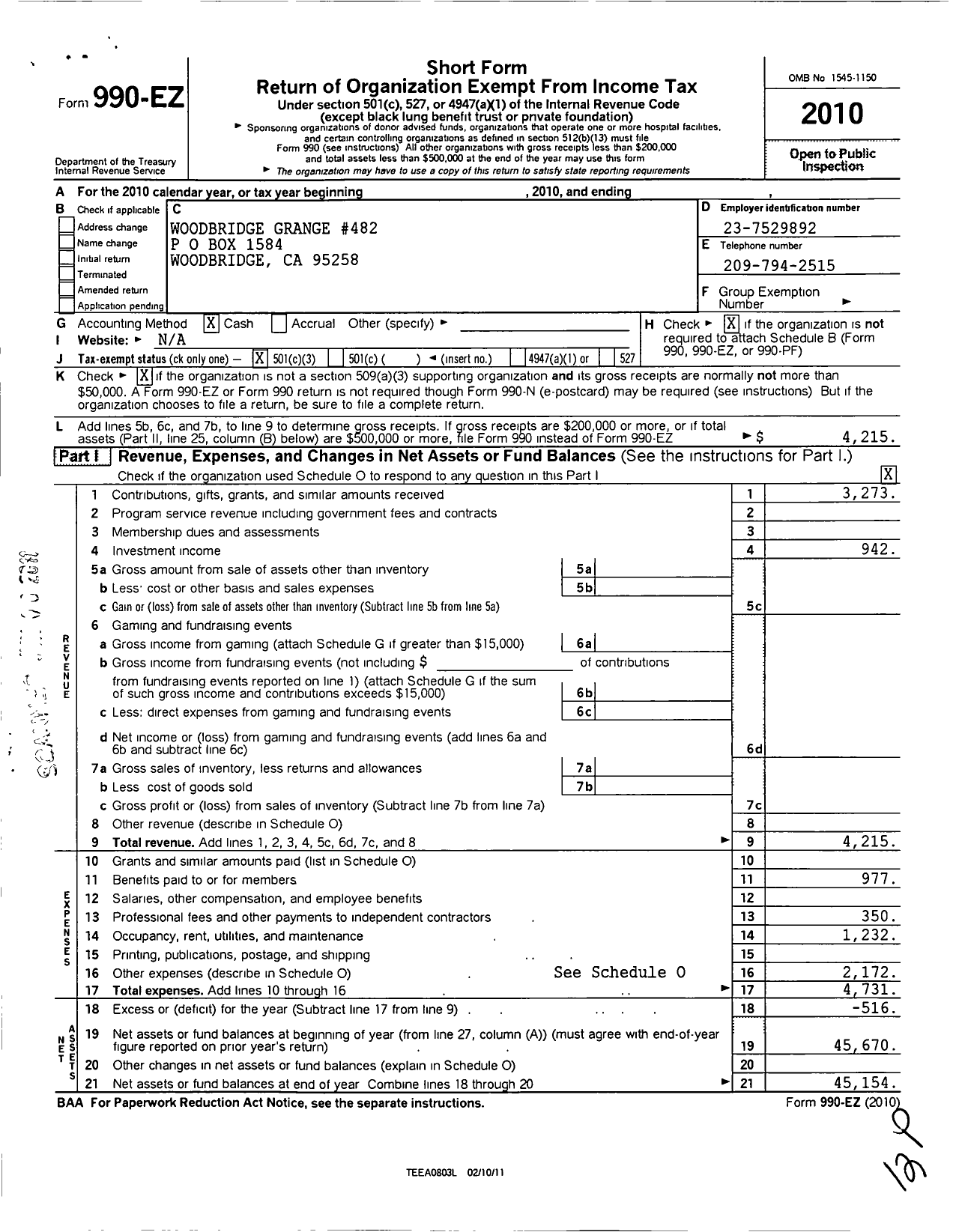 Image of first page of 2010 Form 990EZ for Grange Patrons of Husbandry California / Woodbridge Guild