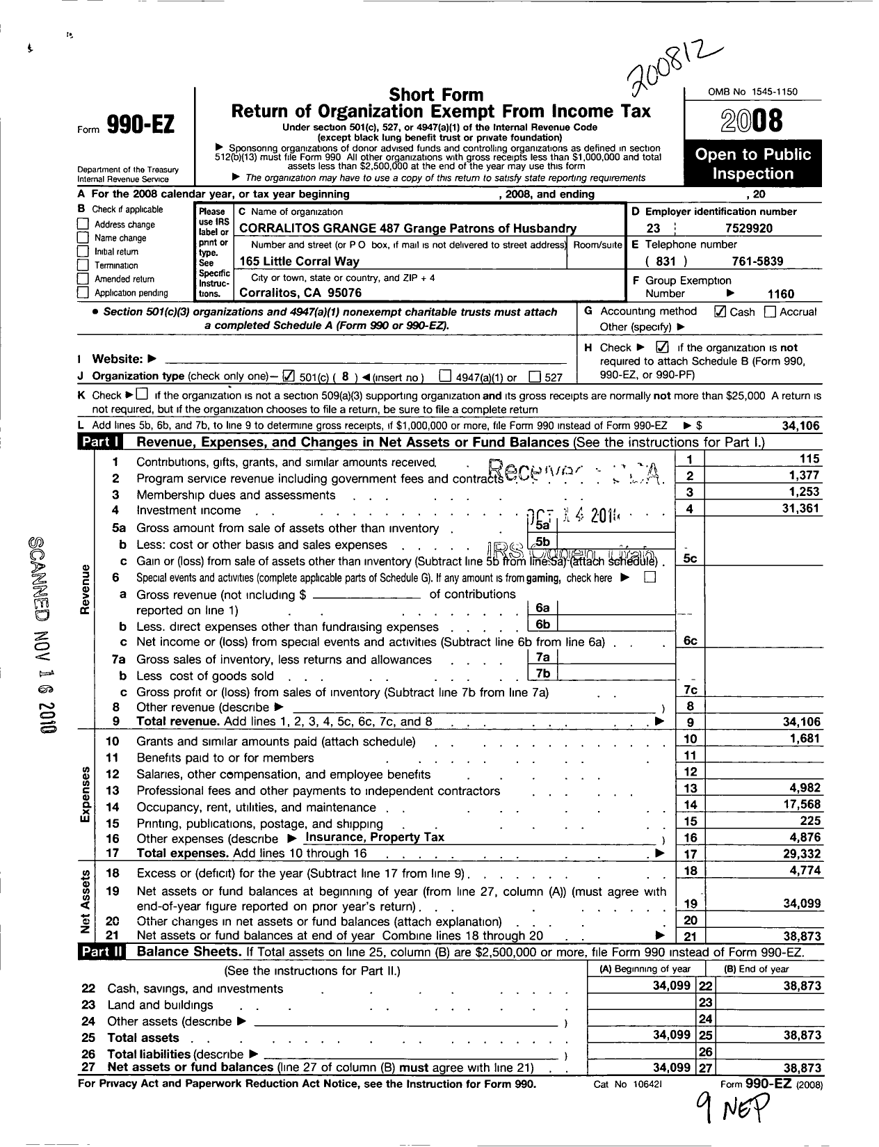 Image of first page of 2008 Form 990EO for California Guild - 487 Corralitos Grange