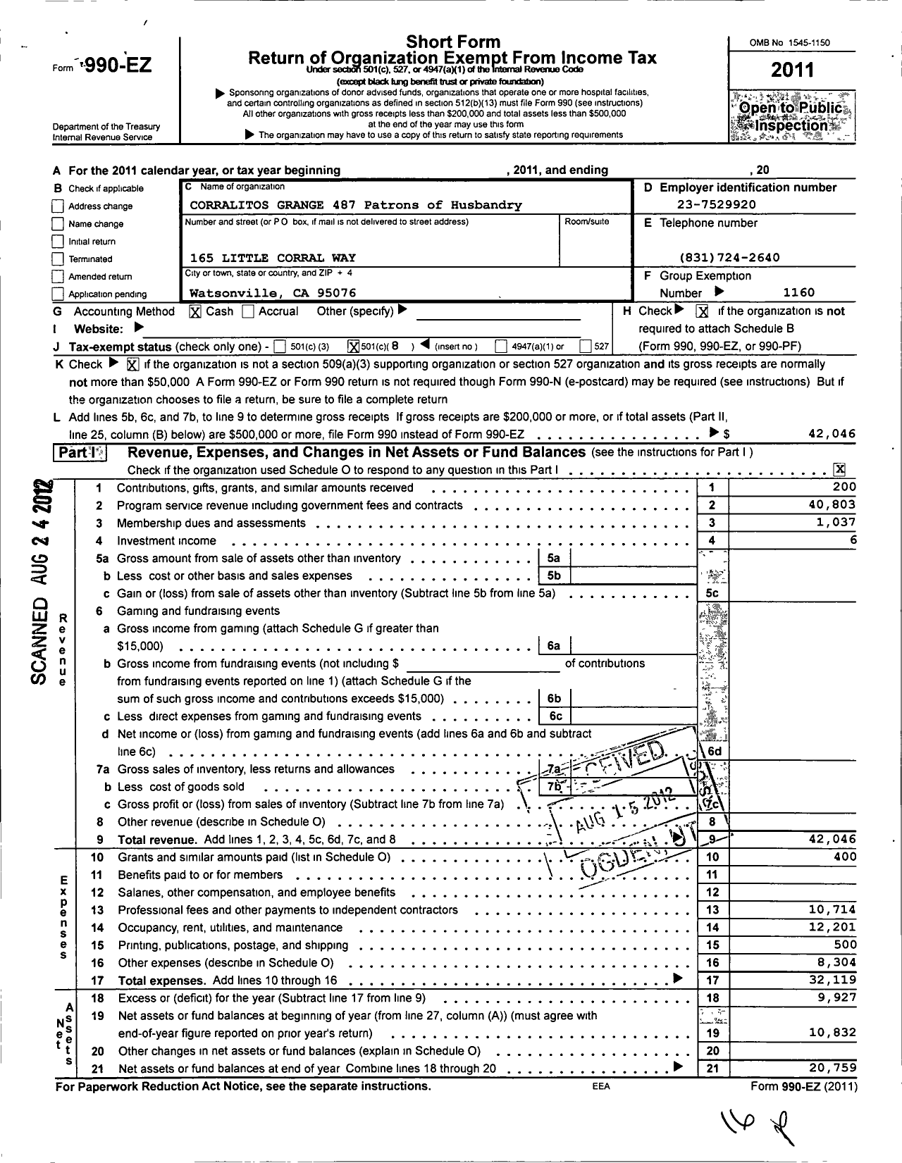 Image of first page of 2011 Form 990EO for California Guild - 487 Corralitos Grange