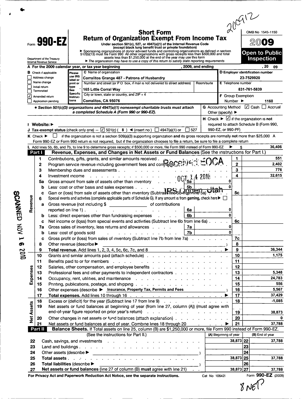 Image of first page of 2009 Form 990EO for California Guild - 487 Corralitos Grange