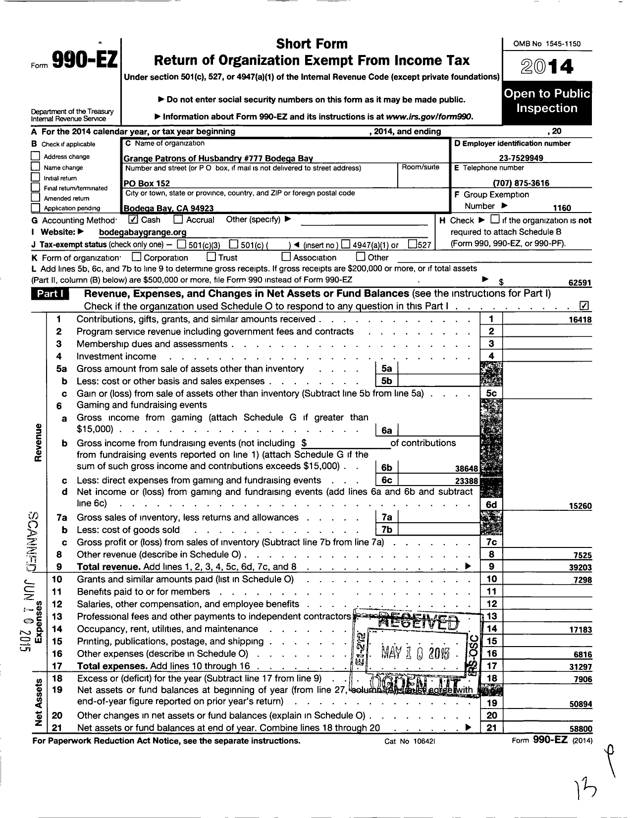 Image of first page of 2014 Form 990EO for Grange of the State of Ca Order of Patrons of Husbandry Charter - 777 Bodega Bay Grange