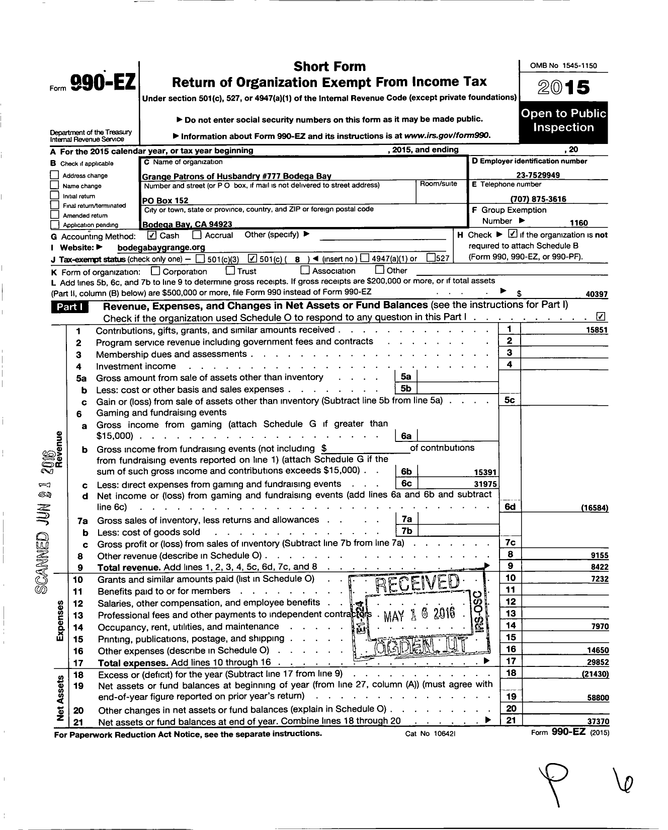 Image of first page of 2015 Form 990EO for Grange of the State of Ca Order of Patrons of Husbandry Charter - 777 Bodega Bay Grange